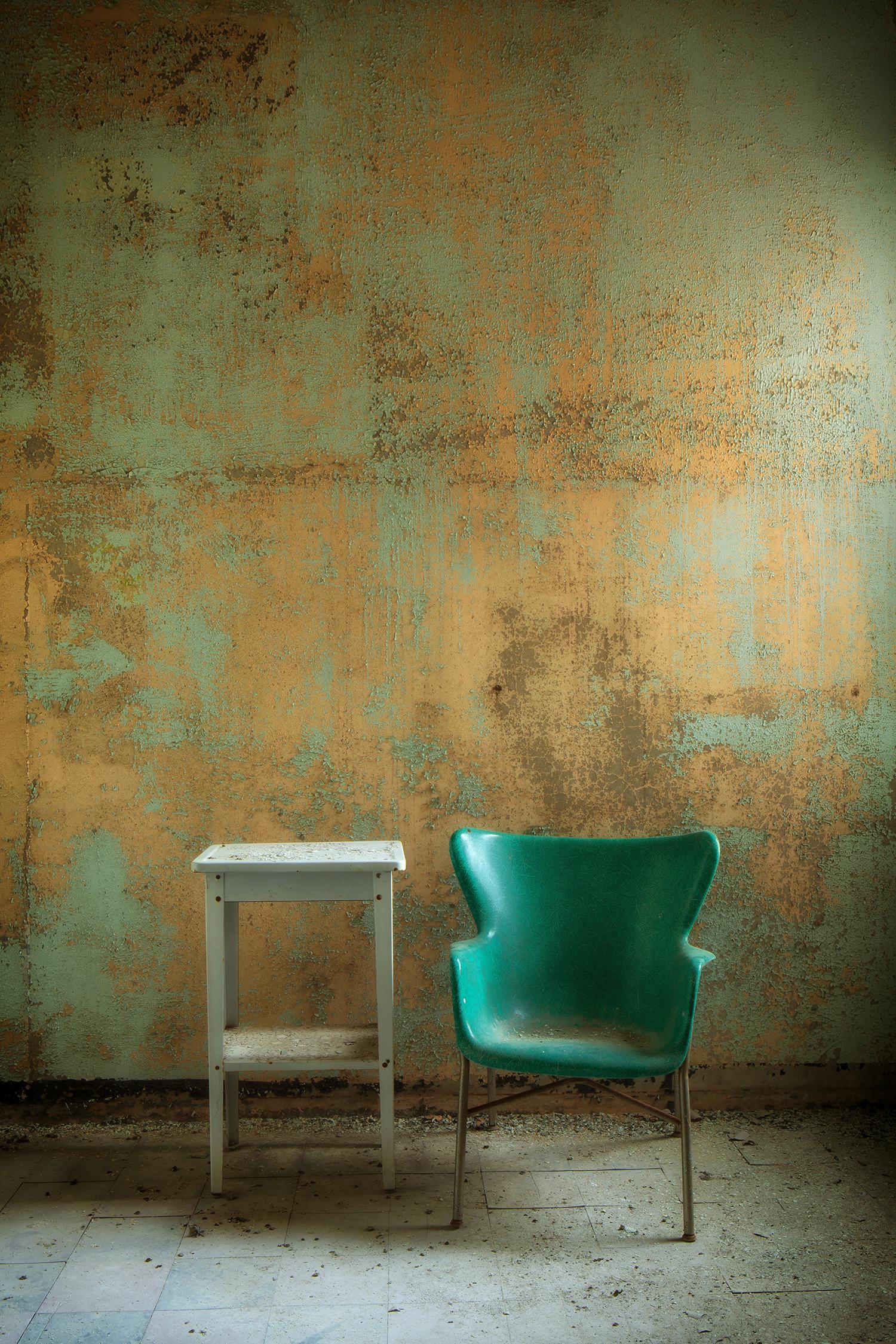 "Left", abandoned hospital, metal print, chair, blue, green, color photograph