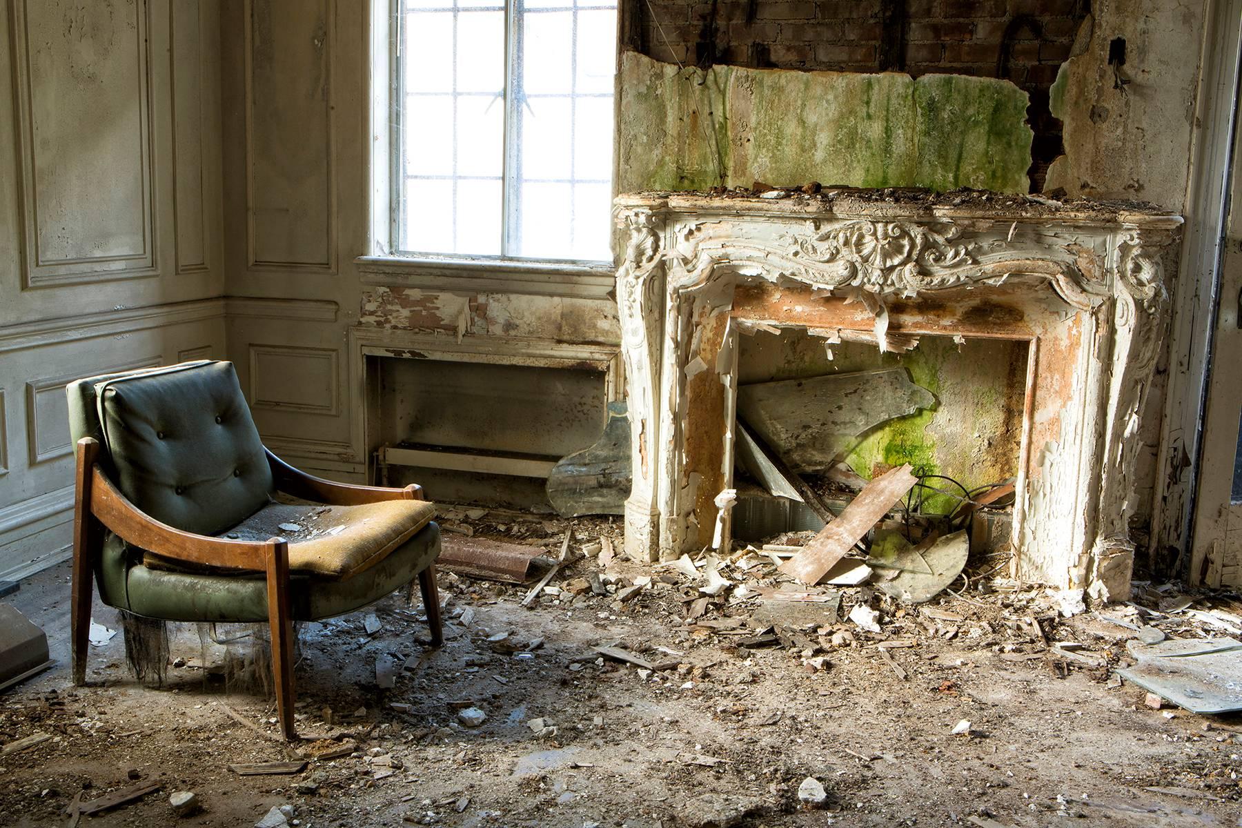 "Weary", contemporary, abandoned, fireplace, chair, color photograph