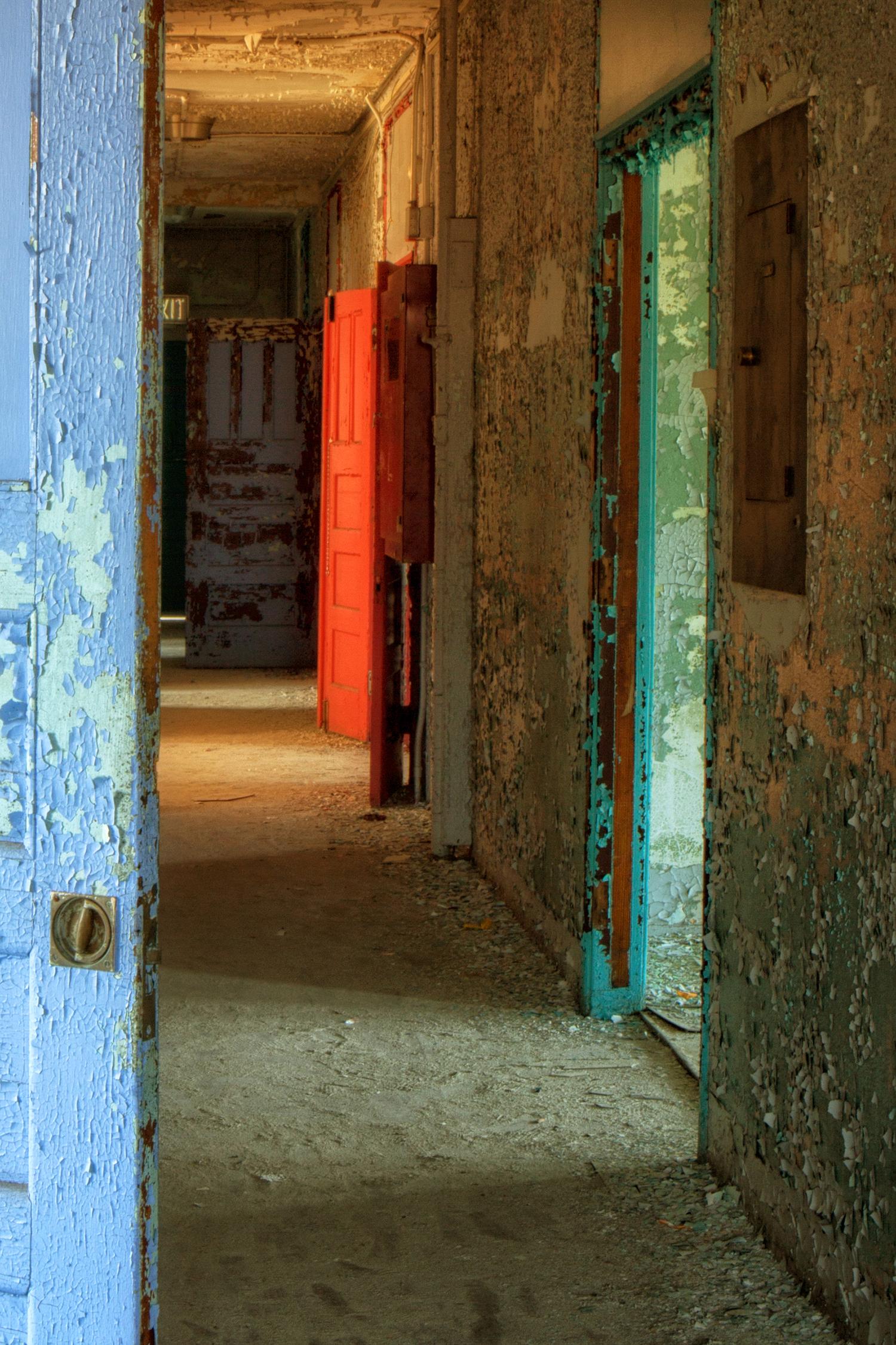 Rebecca Skinner’s “West Hallway” is a 24 x 16 inch color photograph of a hallway in an abandoned building. The purple - blue door in the foreground is riddled with peeling paint, as is the long hallway leading to other brightly colored doorways of