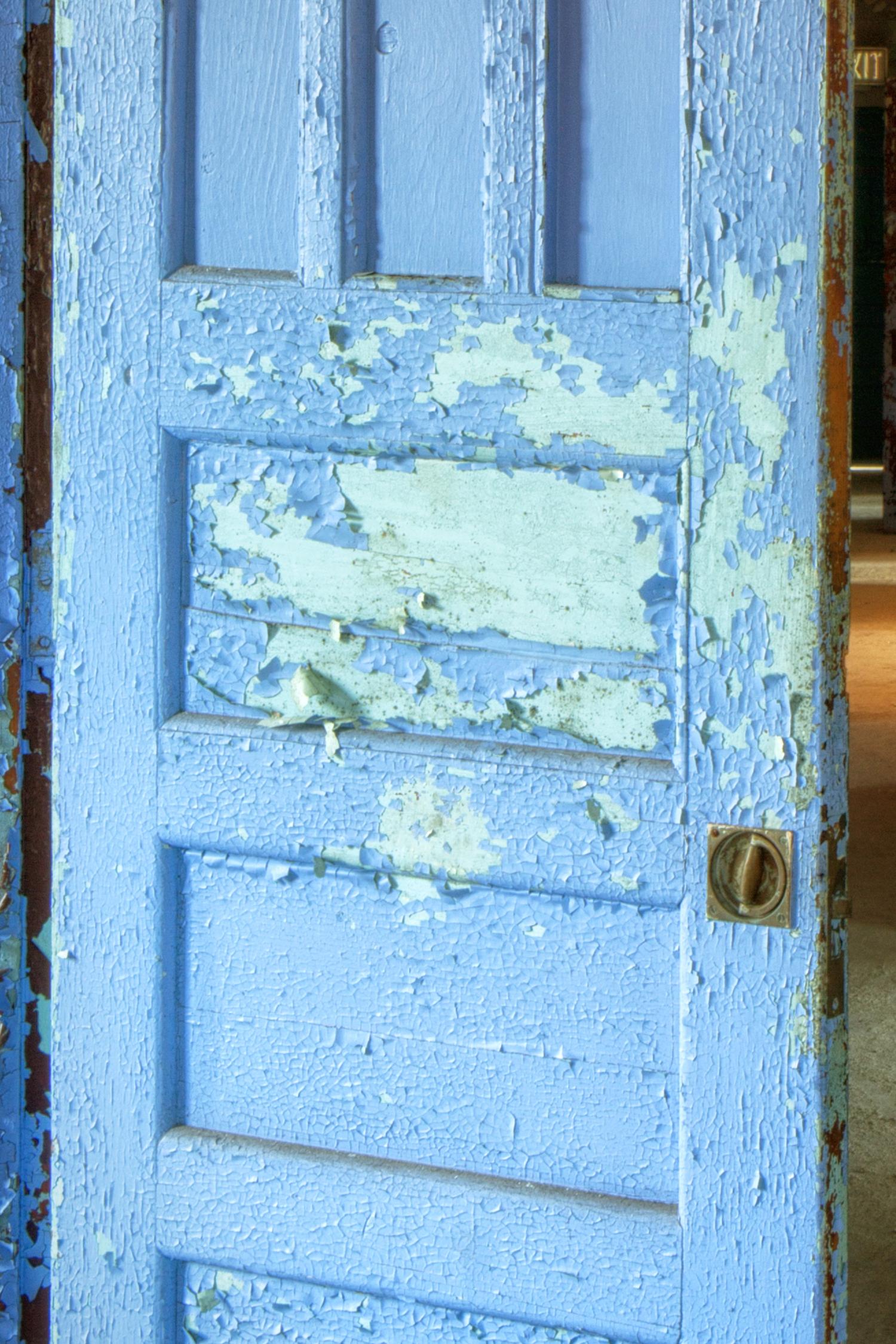 Rebecca Skinner’s “West Hallway” is a 24 x 16 inch color photograph of a hallway in an abandoned building. The purple - blue door in the foreground is riddled with peeling paint, as is the long hallway leading to other brightly colored doorways of