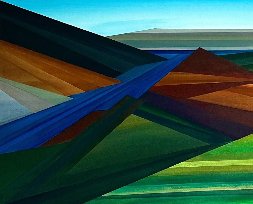 DOG MOUNTAIN - Geometrisch / Landschaft /Bunt (Blau), Landscape Painting, von Rebecca Stenn