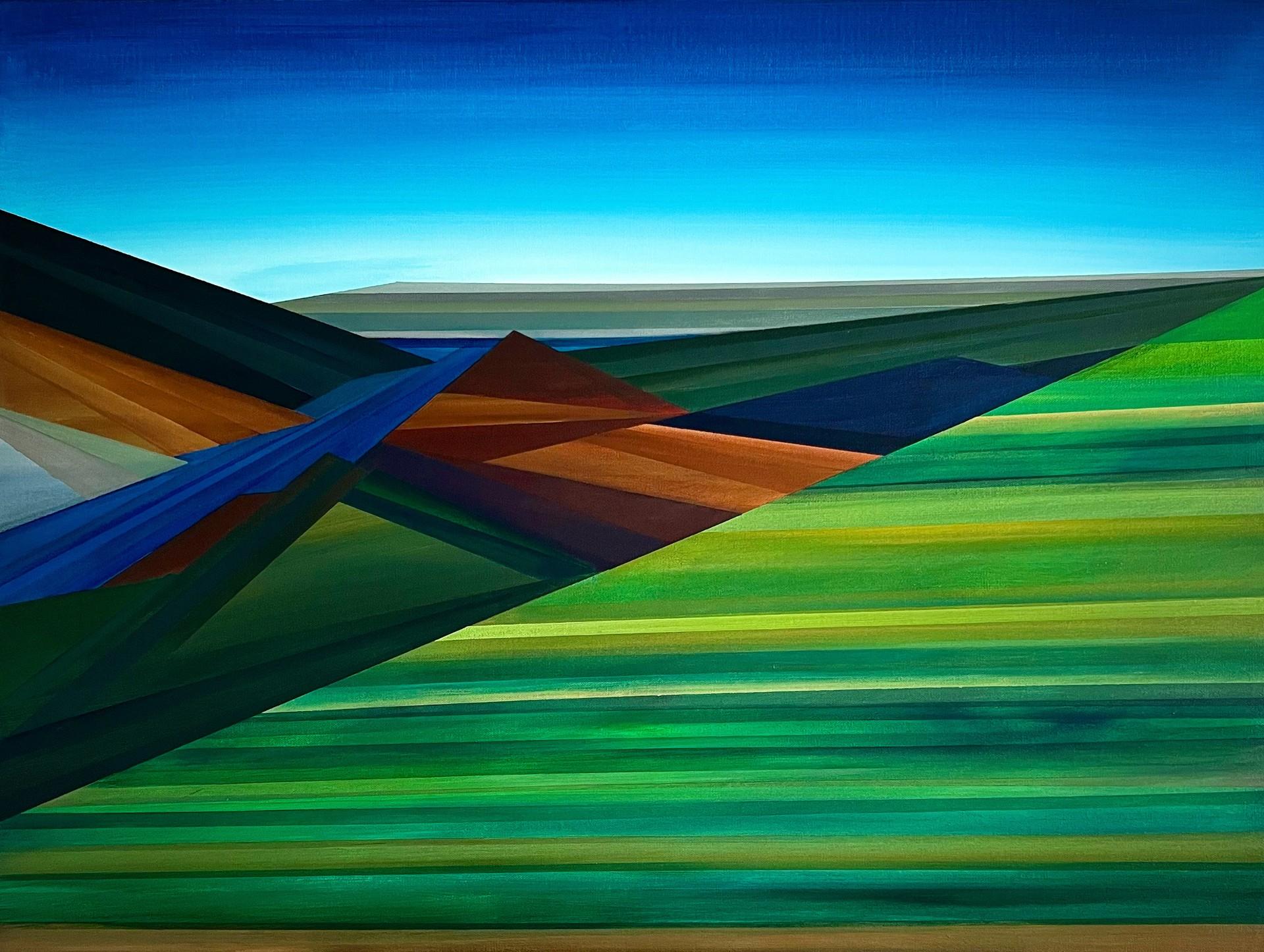 Rebecca Stenn Landscape Painting – DOG MOUNTAIN - Geometrisch / Landschaft /Bunt
