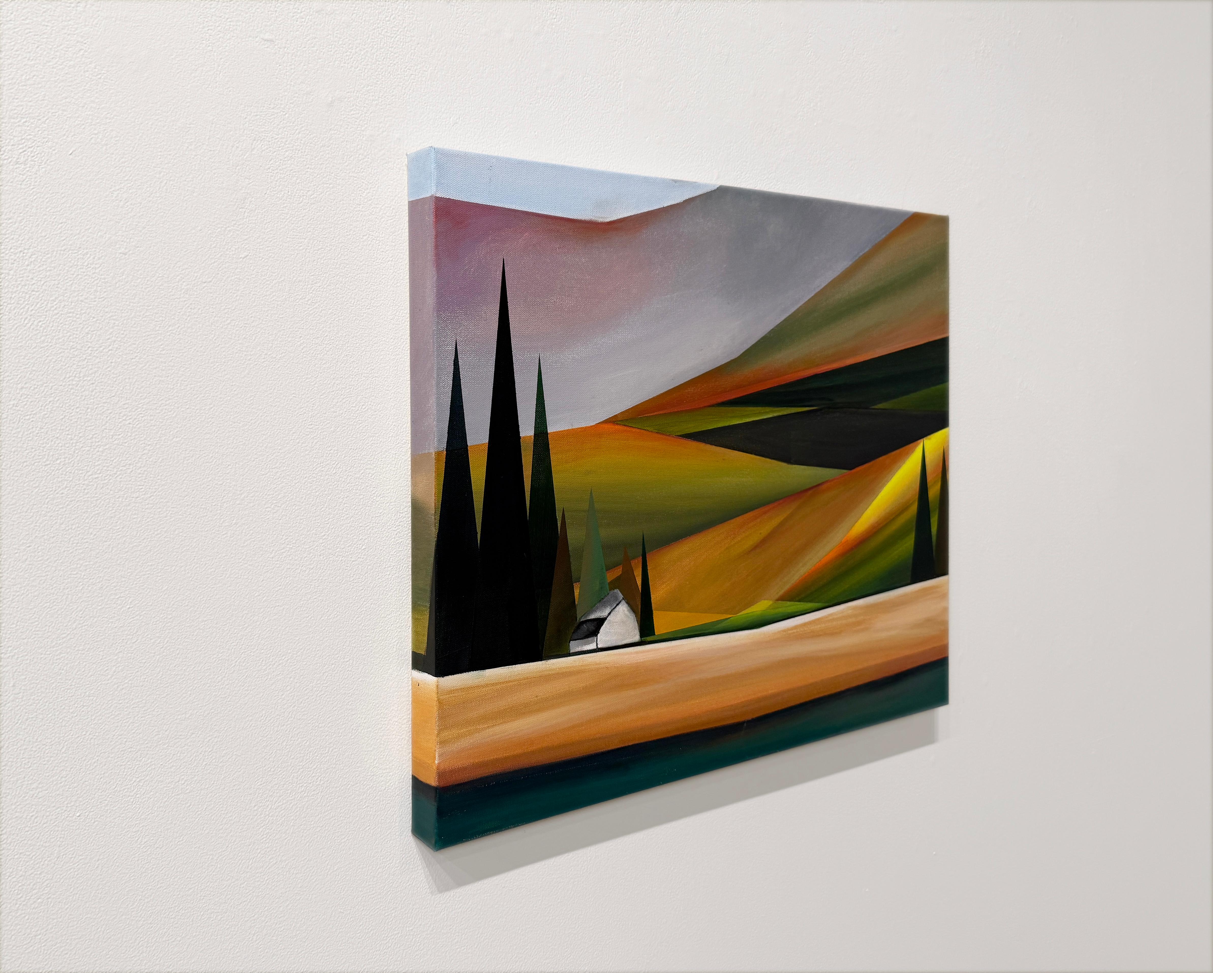 WHITE BARN - Zeitgenössische Landschaft / Farbenfroh / Abstrakt (Braun), Landscape Painting, von Rebecca Stenn