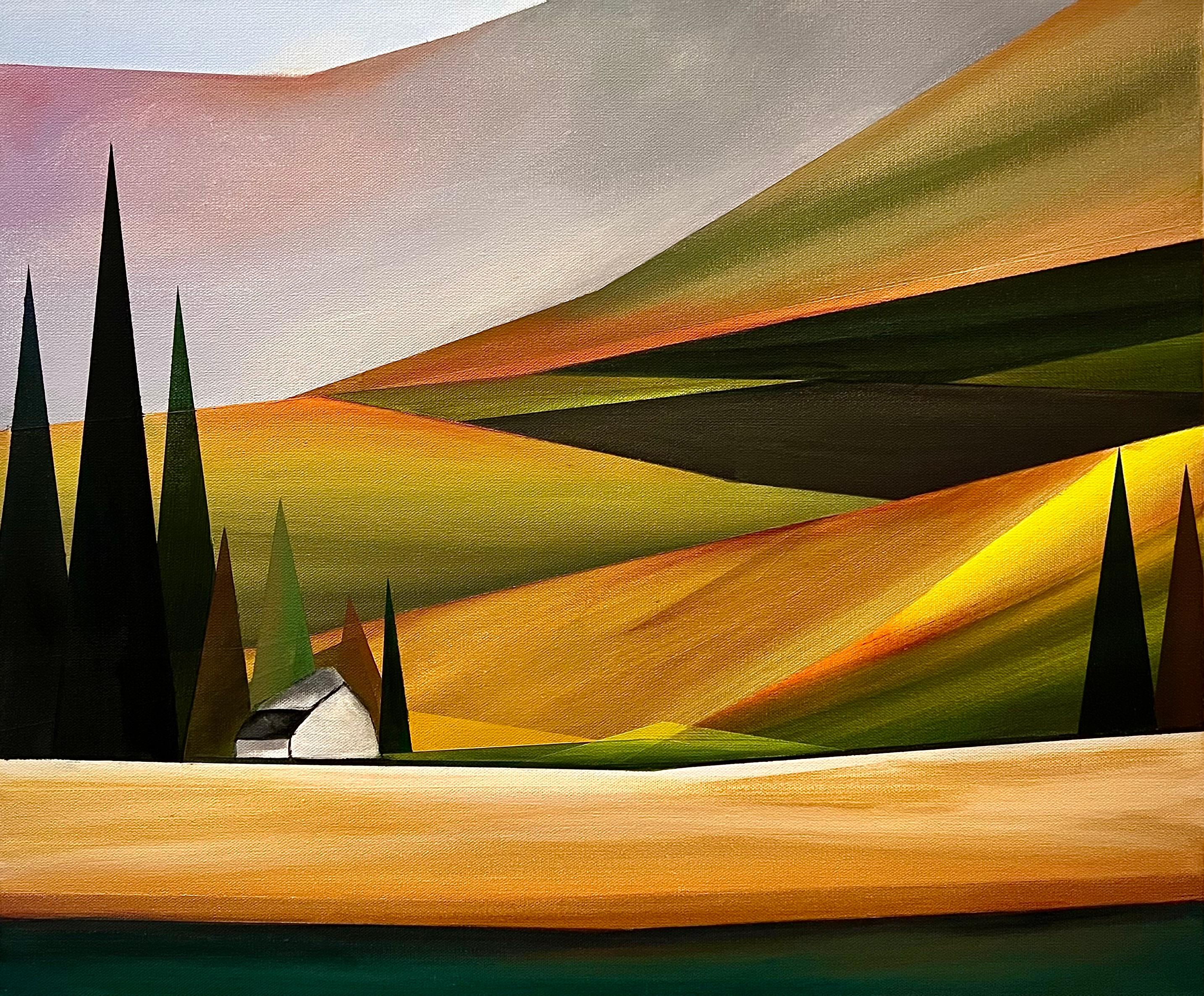 Rebecca Stenn Landscape Painting – WHITE BARN - Zeitgenössische Landschaft / Farbenfroh / Abstrakt