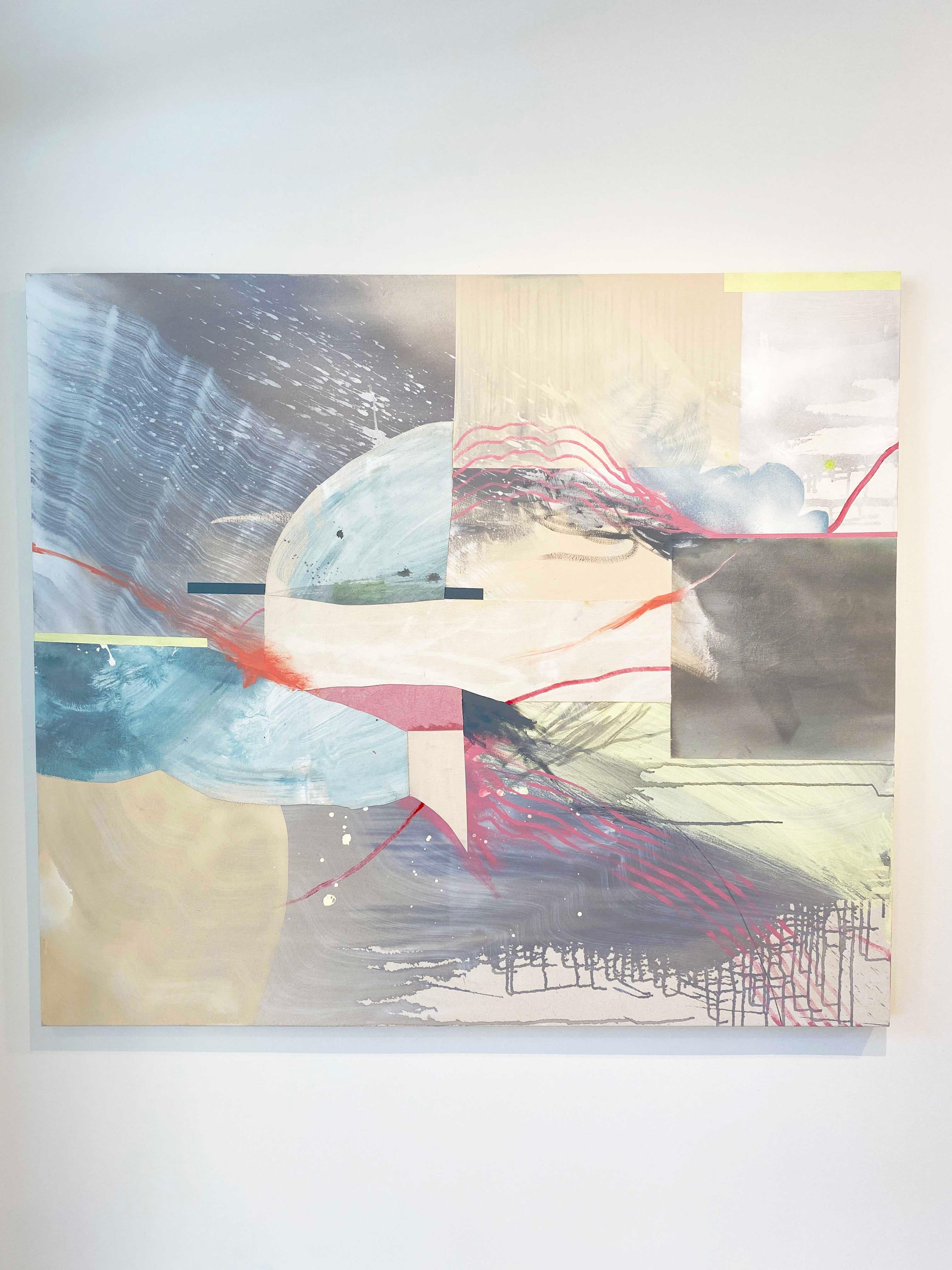 'Cyclical Summons' 2021 by Contemporary American artist, Rebecca Stern. Acrylic, ink, spray paint, embroidery, and fabric on canvas, 56 x 64 in. This painting incorporates mostly a soft palette of colors in blue, pink, orange, green, beige, white,