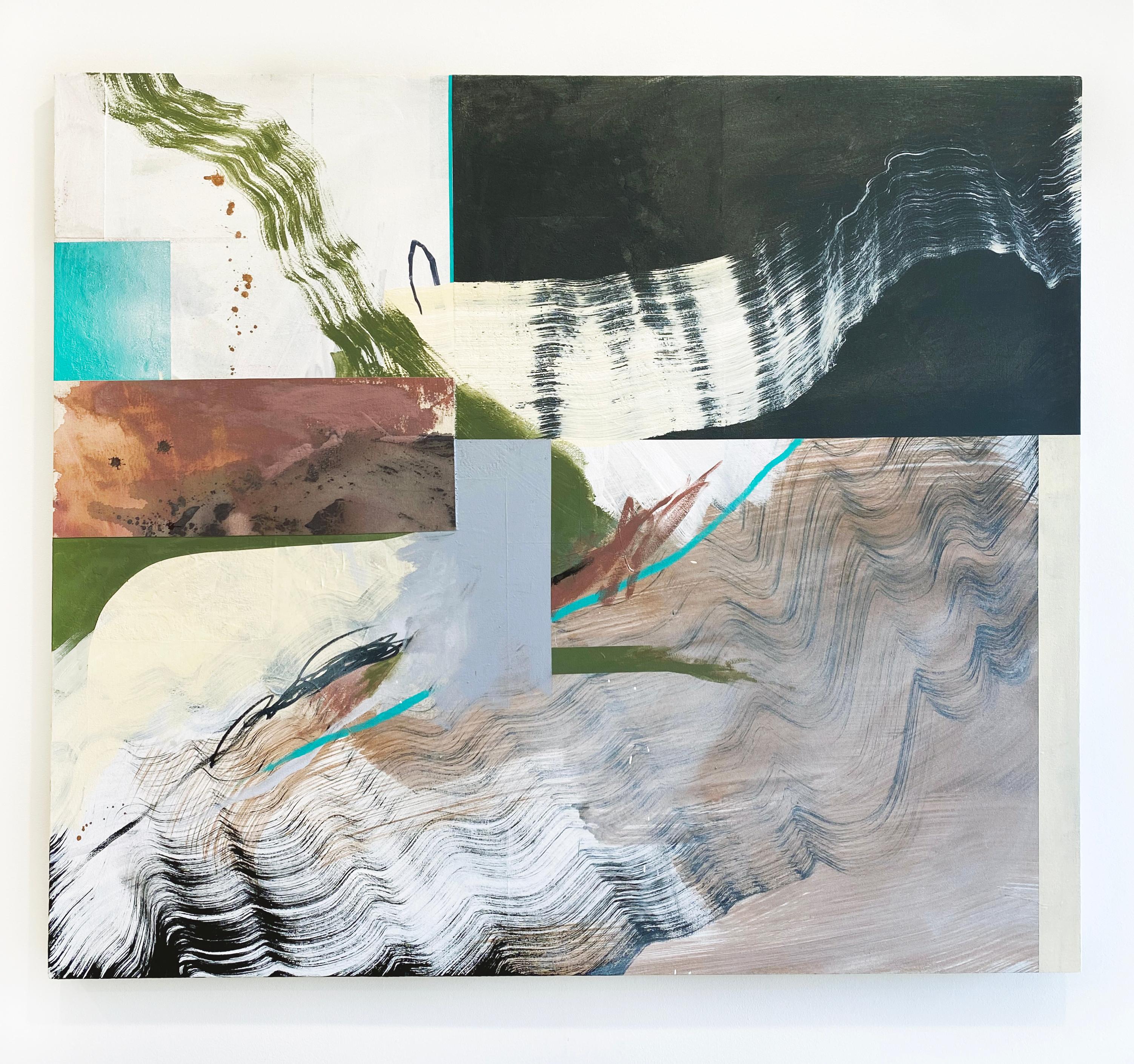 'Delayed Separation' 2021 by Contemporary American artist, Rebecca Stern. Acrylic, ink, spray paint, and fabric on canvas, 42 x 48 in. This painting incorporates mostly a soft palette of colors in white, beige, grey, brown, and black on