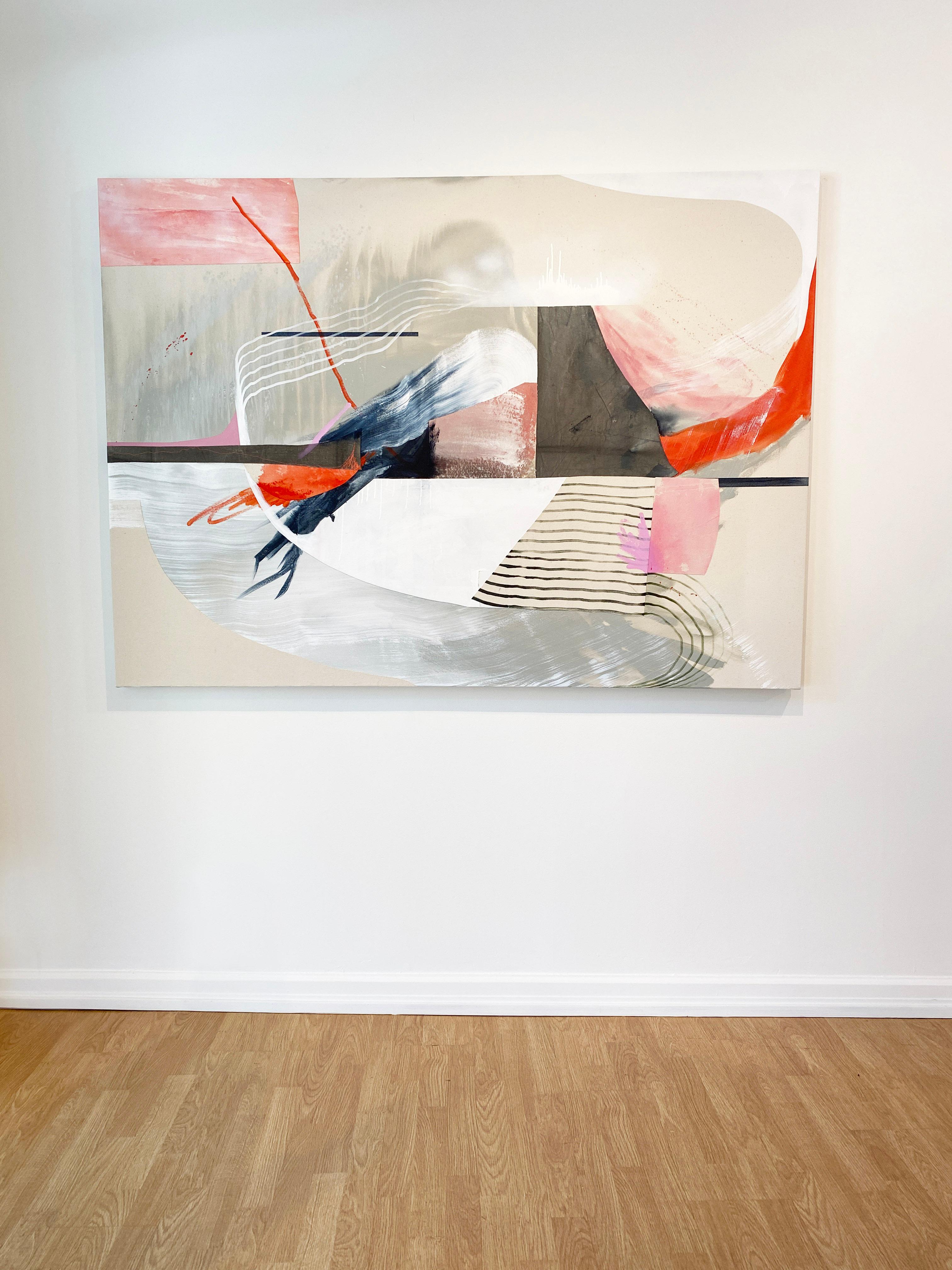 'Trailing Traces' 2022 by Contemporary American artist, Rebecca Stern. Acrylic, ink, spray paint, embroidery, and canvas collage on canvas , 50 x 70 in. This painting incorporates mostly a soft palette of colors in red, orange, pink, beige, grey,