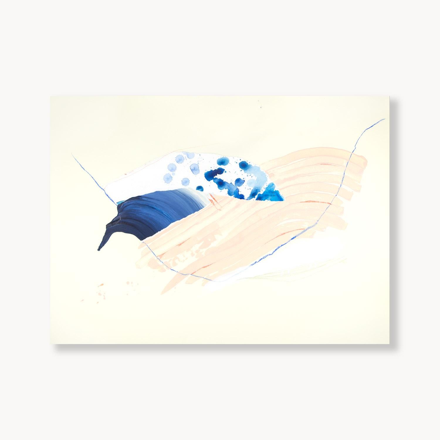 “In The Open” by Rebecca Stern has a serene, airy presence, defined by negative space and fluid, organic forms. Soft washes of peach and pale blue drift across the surface, contrasted by a deeper, velvety blue stroke that anchors the composition,