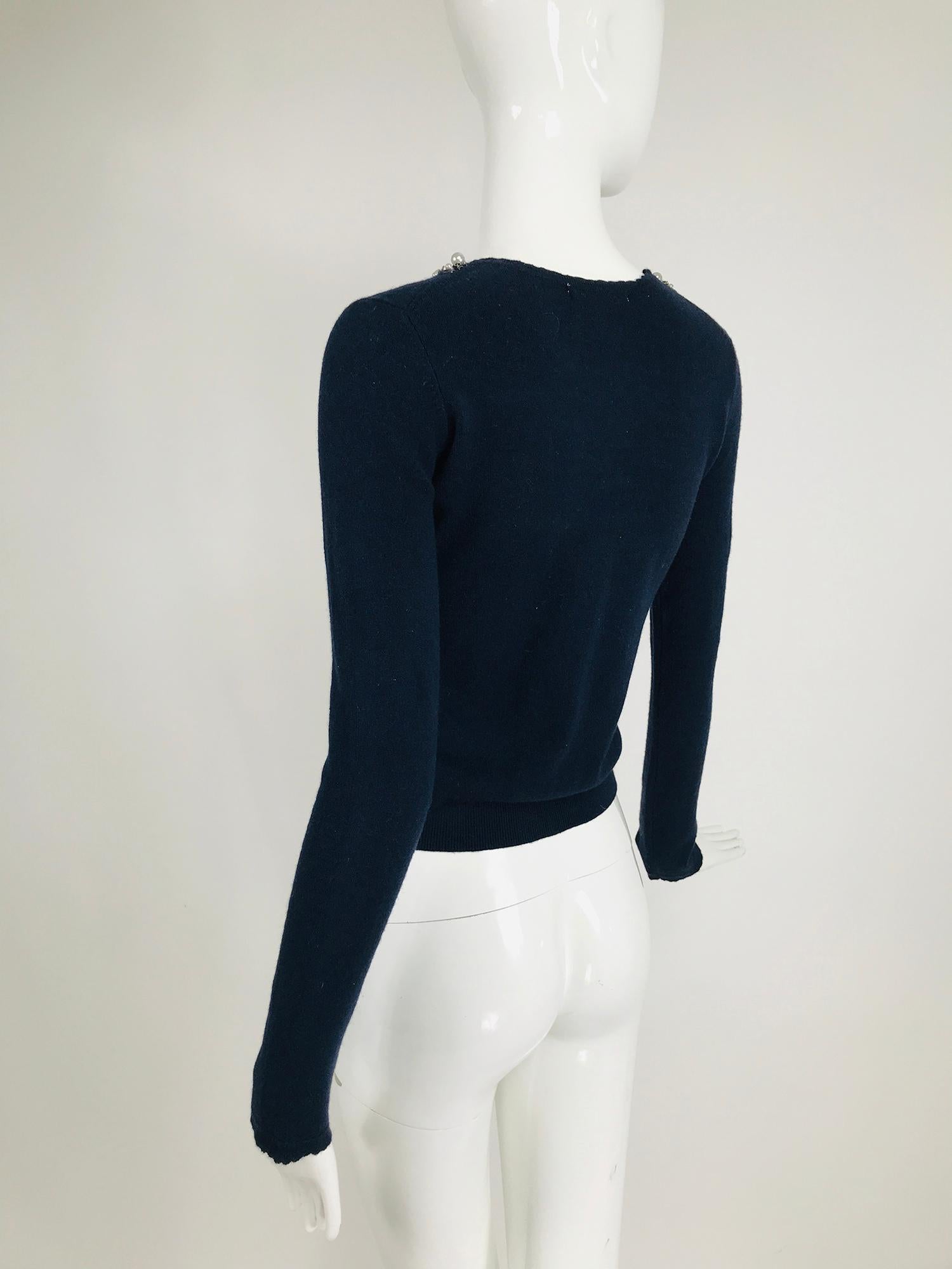 Rebecca Taylor Marineblaue Strickjacke aus Seiden-Kaschmir mit Peal Trim Damen