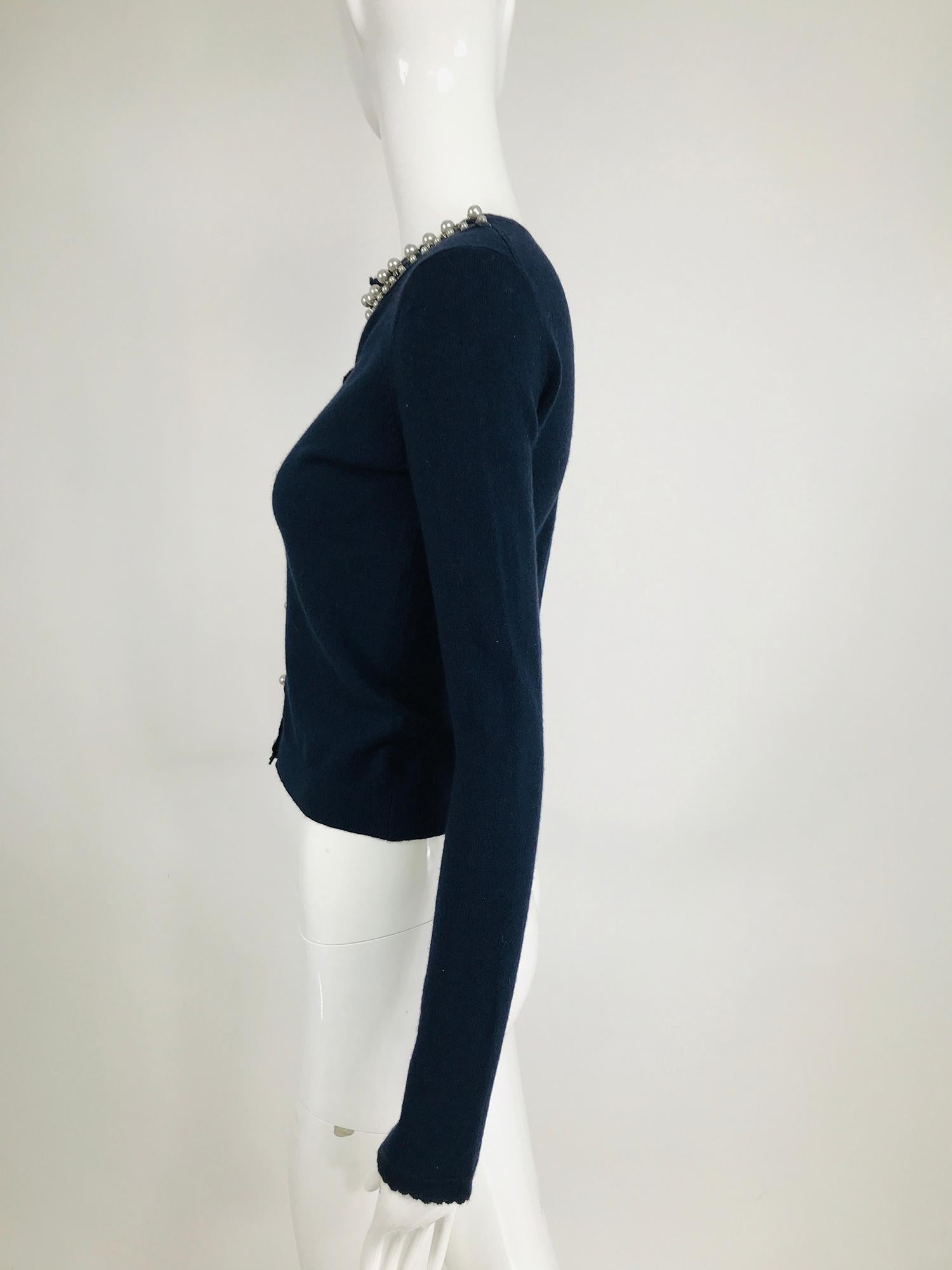 Rebecca Taylor Marineblaue Strickjacke aus Seiden-Kaschmir mit Peal Trim 1