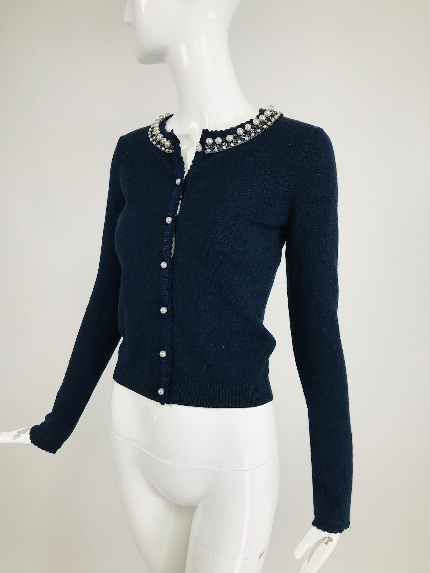 Rebecca Taylor Marineblaue Strickjacke aus Seiden-Kaschmir mit Peal Trim 2
