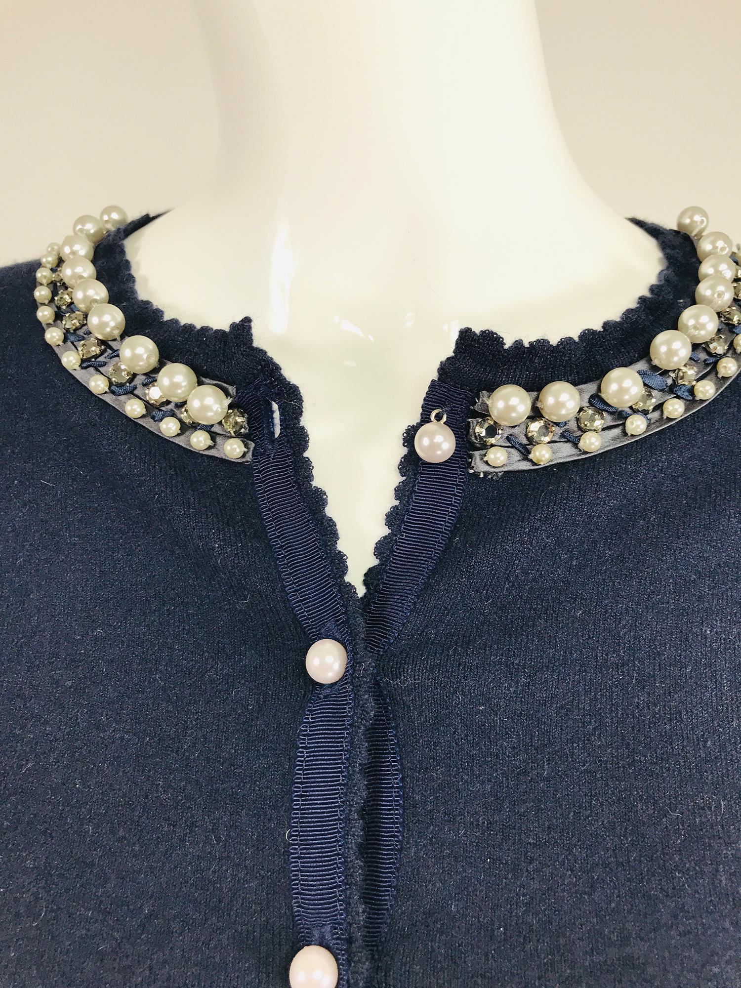 Rebecca Taylor Marineblaue Strickjacke aus Seiden-Kaschmir mit Peal Trim 3