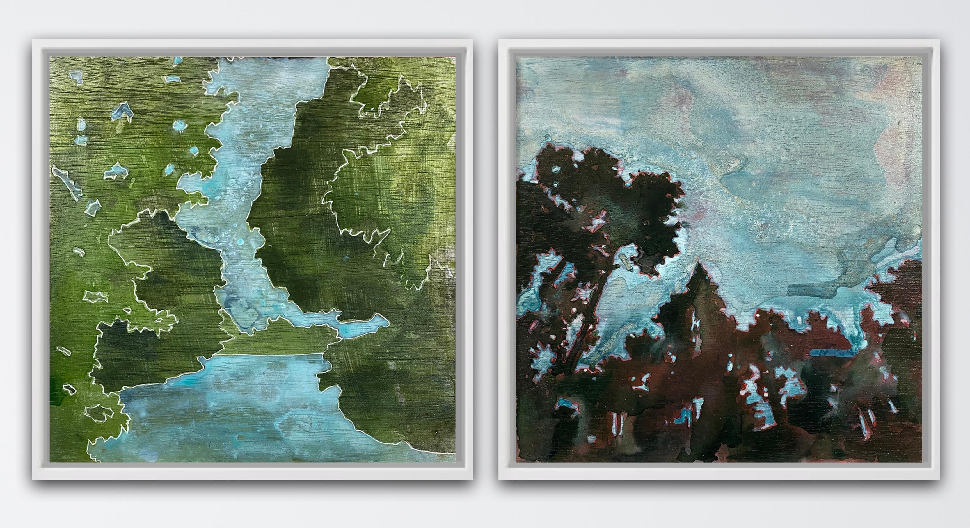 Rebecca Tucker  Abstract Painting - Overhanging and Redwood-blue diptych