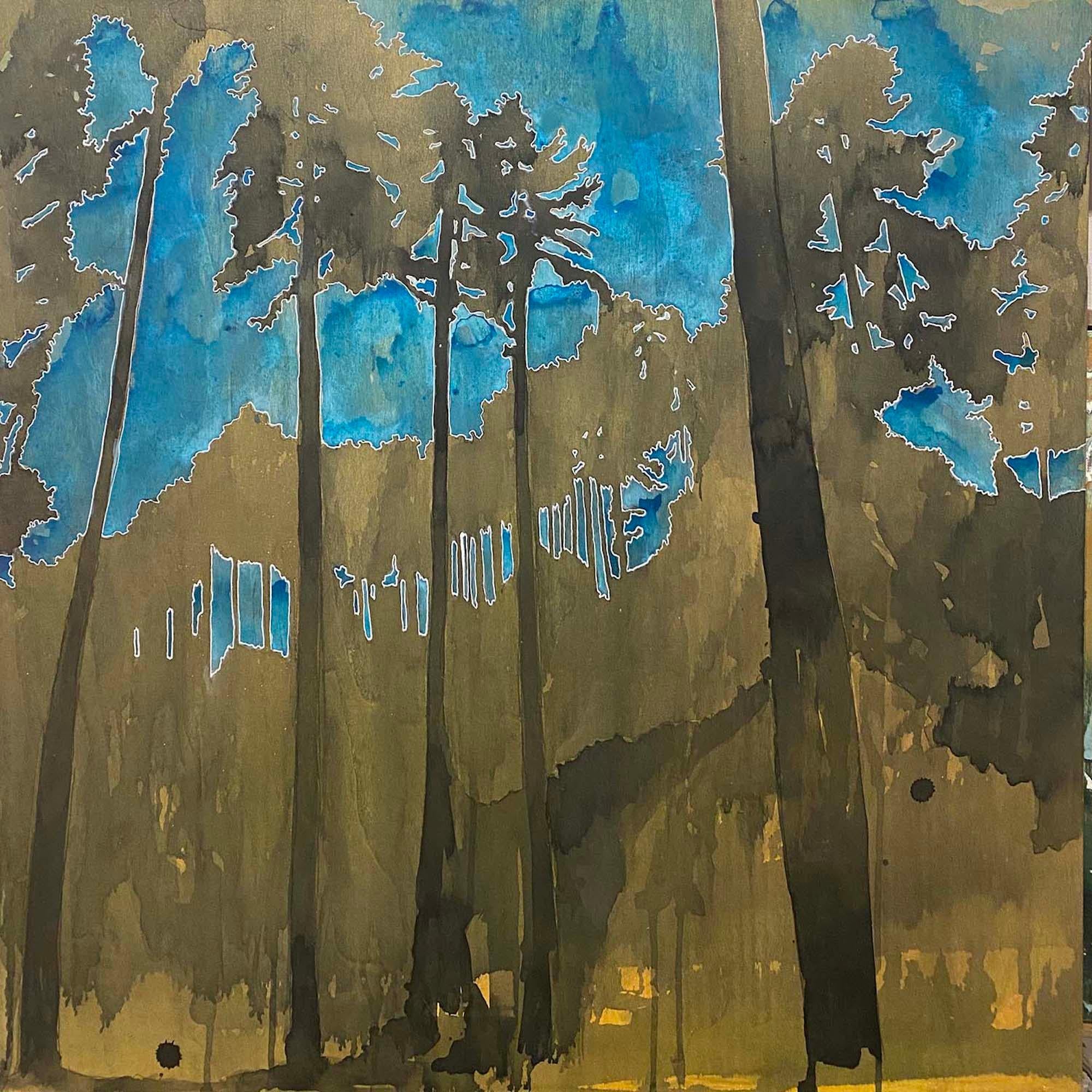 Golden Hour, peinture de paysage originale, art des bois atmosphériques, art de l'arbre