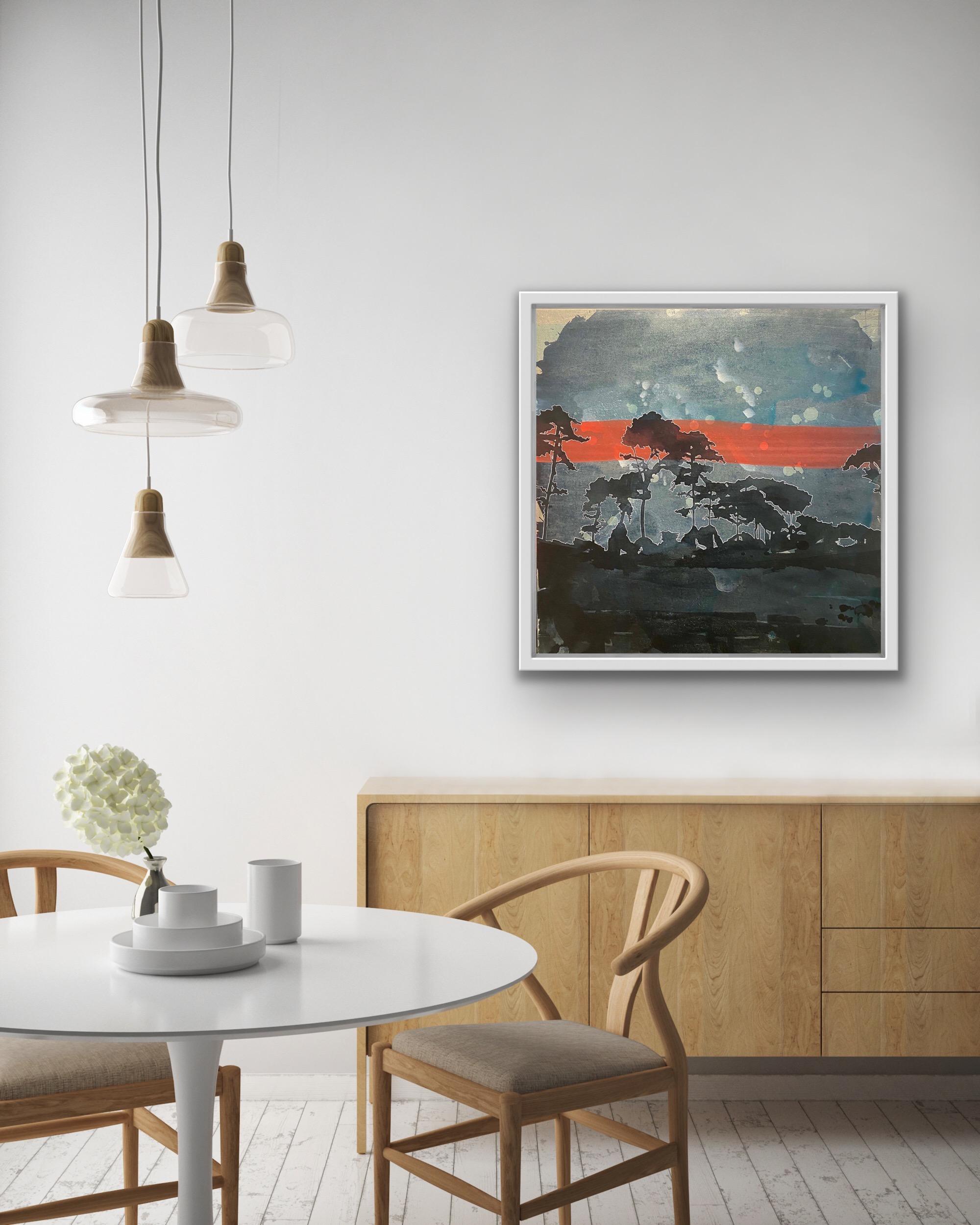 Red Sky at Night, schottisches Gemälde, Baumkunst, Douglas Fir Baumgemälde – Painting von Rebecca Tucker