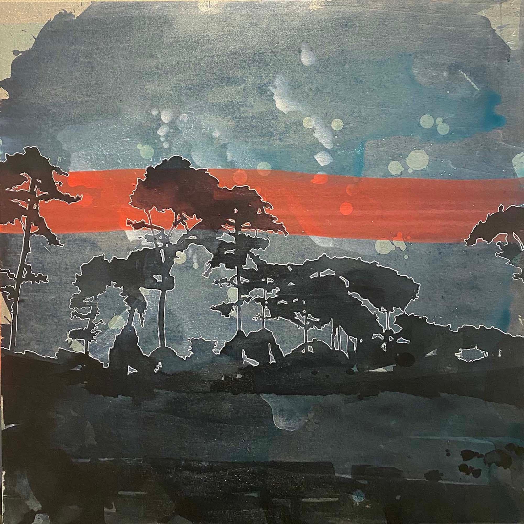 Rebecca Tucker Landscape Painting – Red Sky at Night, schottisches Gemälde, Baumkunst, Douglas Fir Baumgemälde