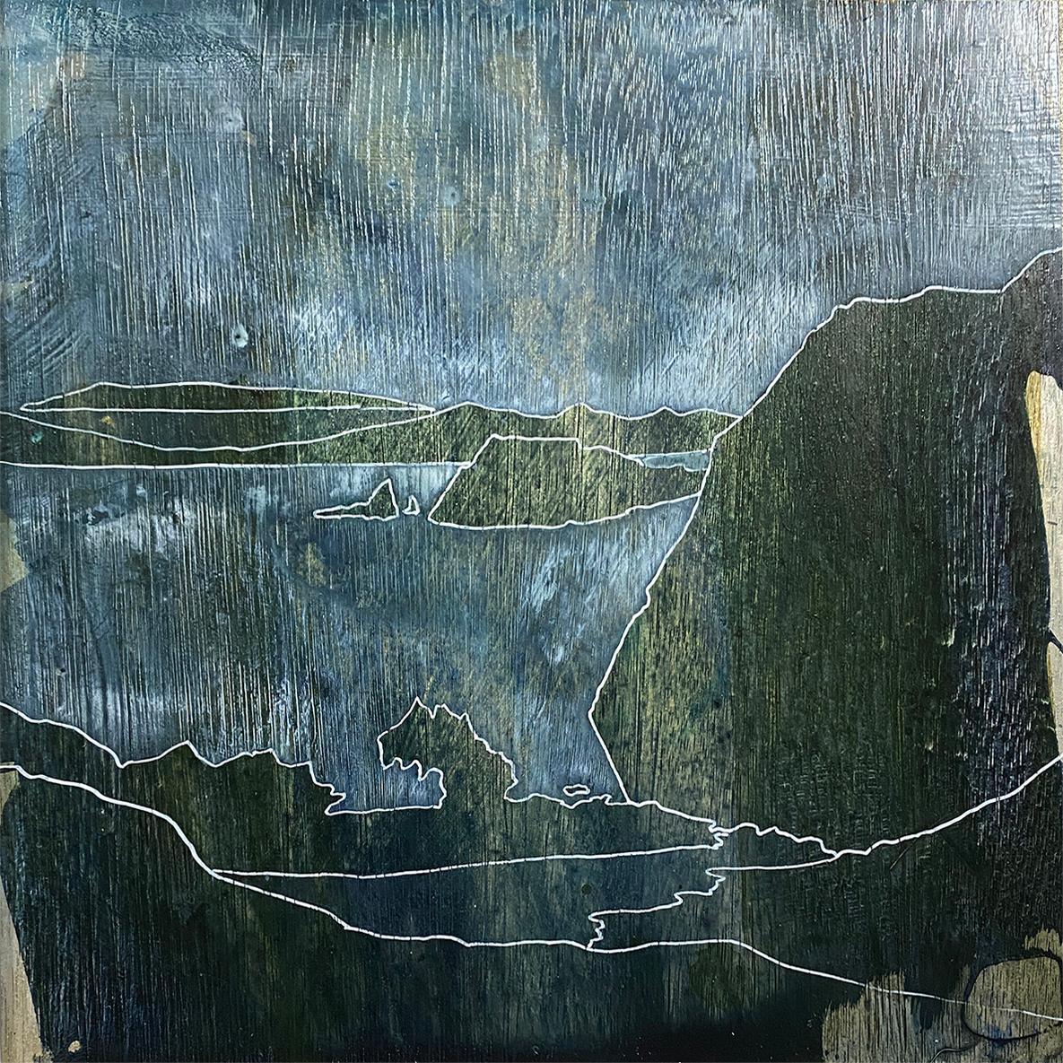 A painting inspired by Scottish landscapes, the view onto a loch, abstracted with line and texture created by the application of multiple layers over a soft gold background colour. "I love the idea of suggesting a landscape to a viewer and then