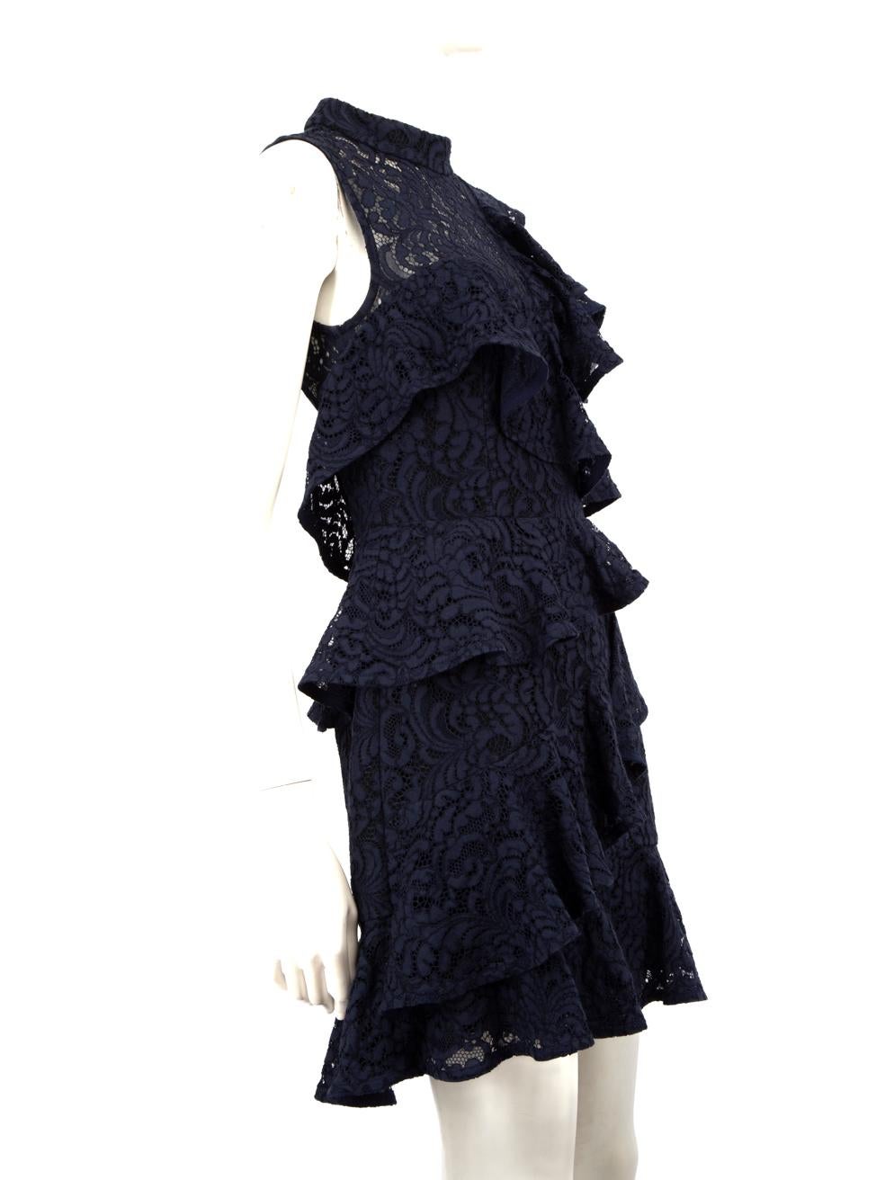 CONDITION is Very good. Hardly any visible wear to dress is evident on this used Rebecca Vallance designer resale item.
 
 Details
 
 
 Blue
 
 Synthetic
 
 Dress
 
 Mini
 
 Sleeveless
 
 Floral lace pattern
 
 Ruffle details
 
 Backless
 
 See-