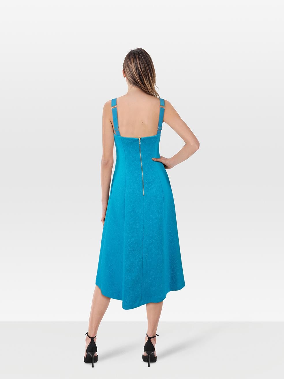 CONDITION is Never worn, with tags. No visible wear to the dress is evident on this new Rebecca Vallance designer resale item.
 
 
 
 Details
 
 
 Blue
 
 Polyester
 
 Dress
 
 Sleeveless
 
 Adjustable shoulder straps
 
 Midi
 
 Sweetheart neckline
