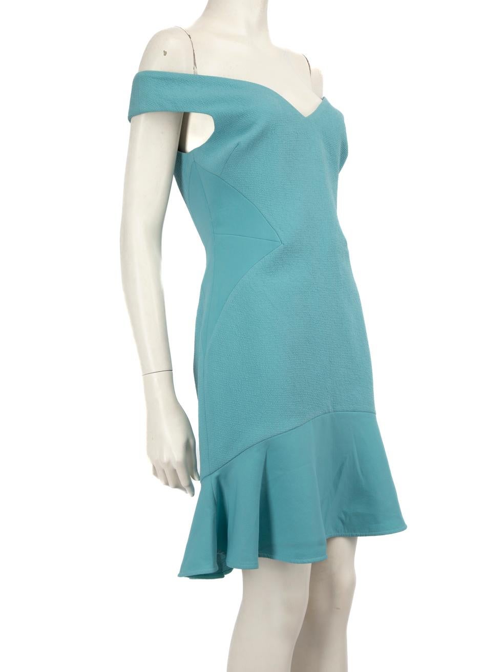 CONDITION is Very good. Hardly any visible wear to dress is evident on this used Rebecca Vallance designer resale item.
 
 Details
 
 
 Blue
 
 Polyester
 
 Dress
 
 Off shoulder
 
 Sleeveless
 
 Knee length
 
 V neck
 
 Back zip fastening
 
 
 
 
