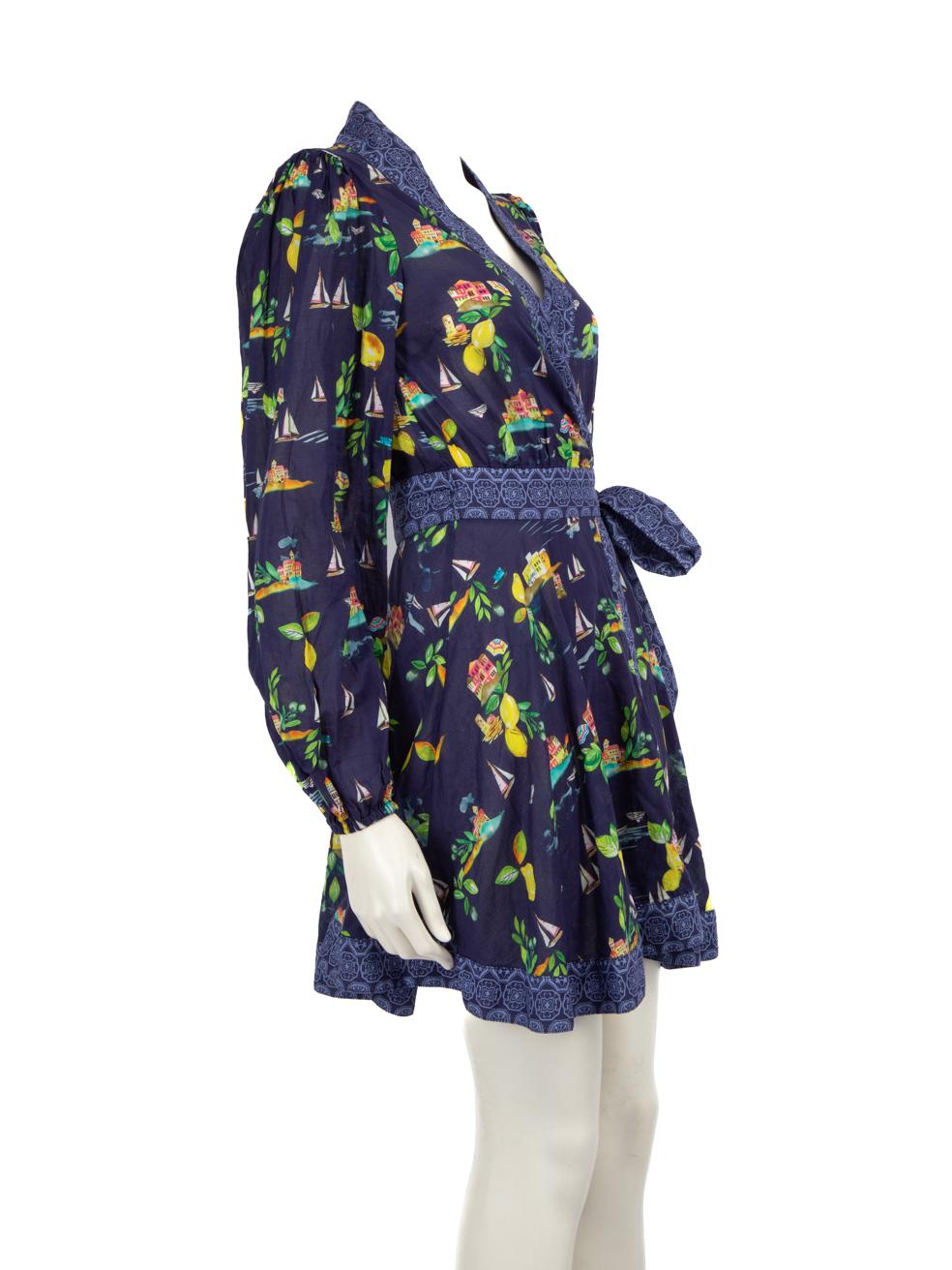 CONDITION is Very Good. Hardly any visible wear to the dress is evident on this used Rebecca Vallance designer resale item.
 
 
 
 Details
 
 
 Navy
 
 Cotton
 
 Wrap dress
 
 Mini
 
 Printed pattern
 
 V neckline
 
 Tie strap closure
 
 Elasticated