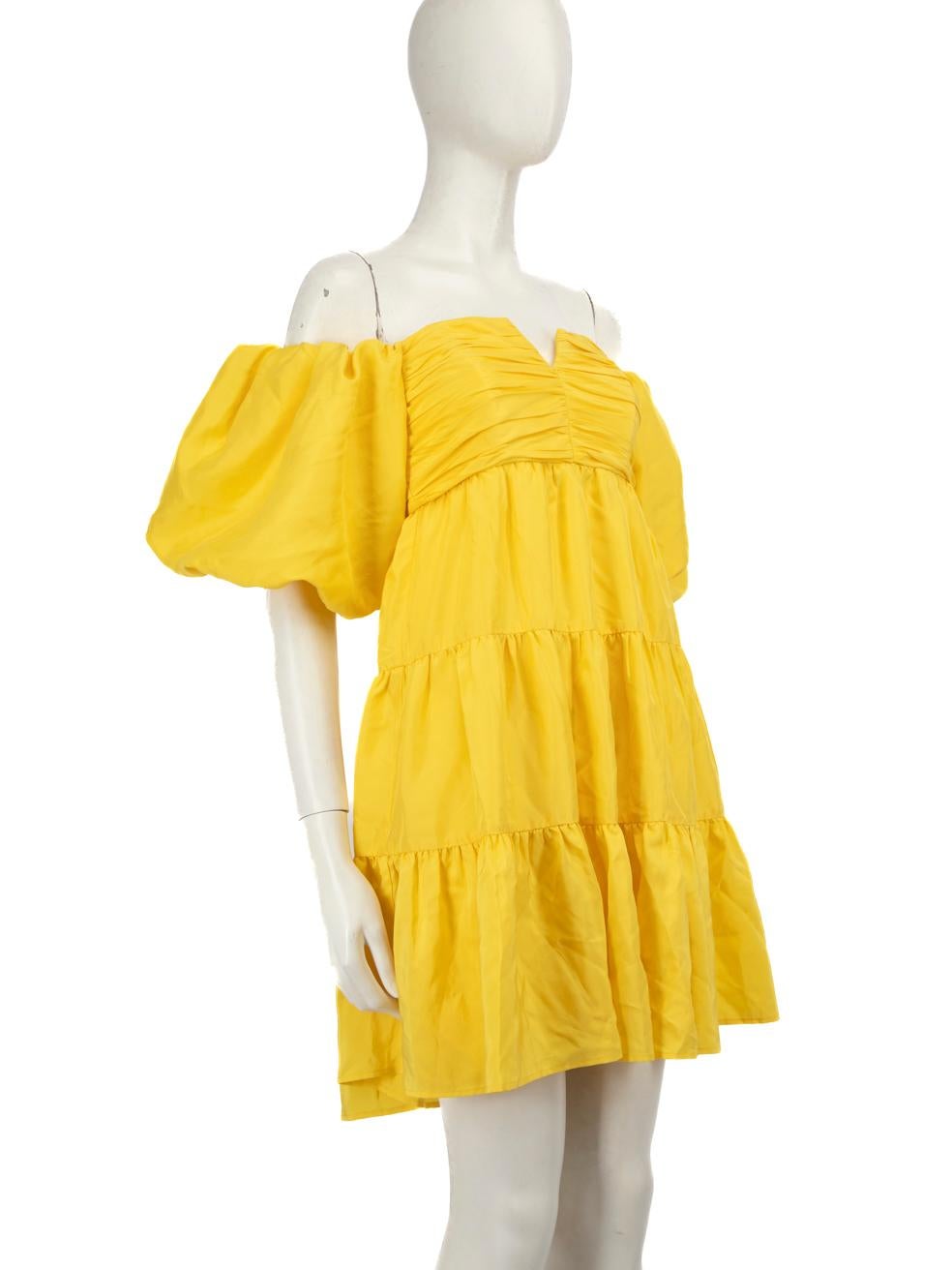 CONDITION is Never worn, with tags. No visible wear to dress is evident on this new Rebecca Vallance designer resale item.
 
 
 
 Details
 
 
 Model: Izzy 
 
 Yellow
 
 Silk
 
 Dress
 
 Mini
 
 Short puff sleeves
 
 Off the shoulder
 
 V-neck
 
