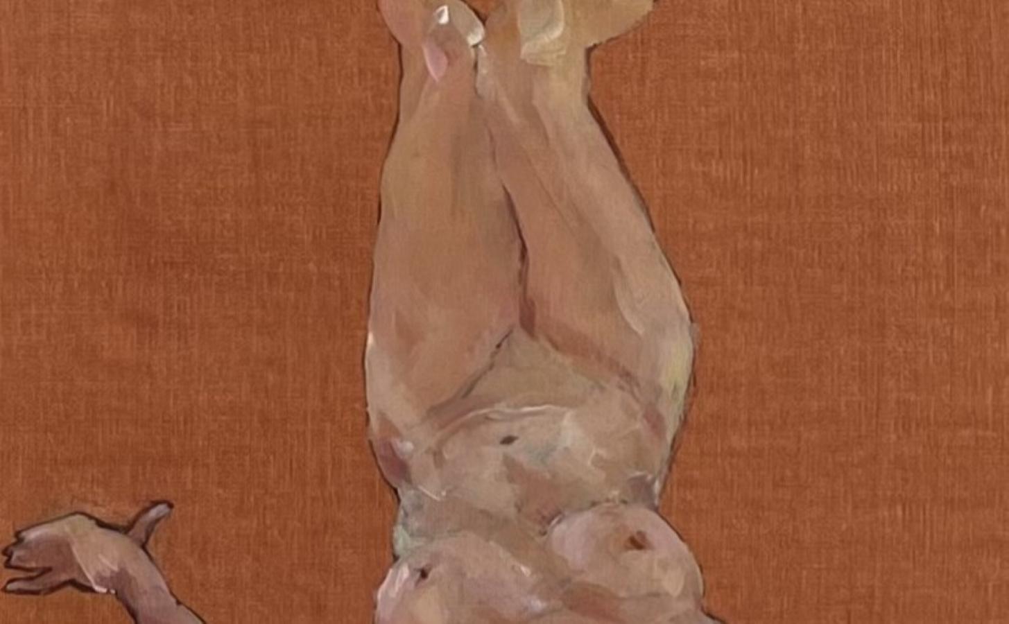 „Ohne Titel“ – Ölgemälde einer liegenden weiblichen Figur in Akt (Braun), Portrait Painting, von Rebecca Venn