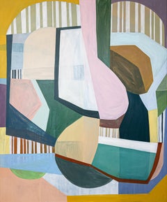 Forth One - Pittura astratta geometrica contemporanea di colore rosa, giallo, verde, 2022