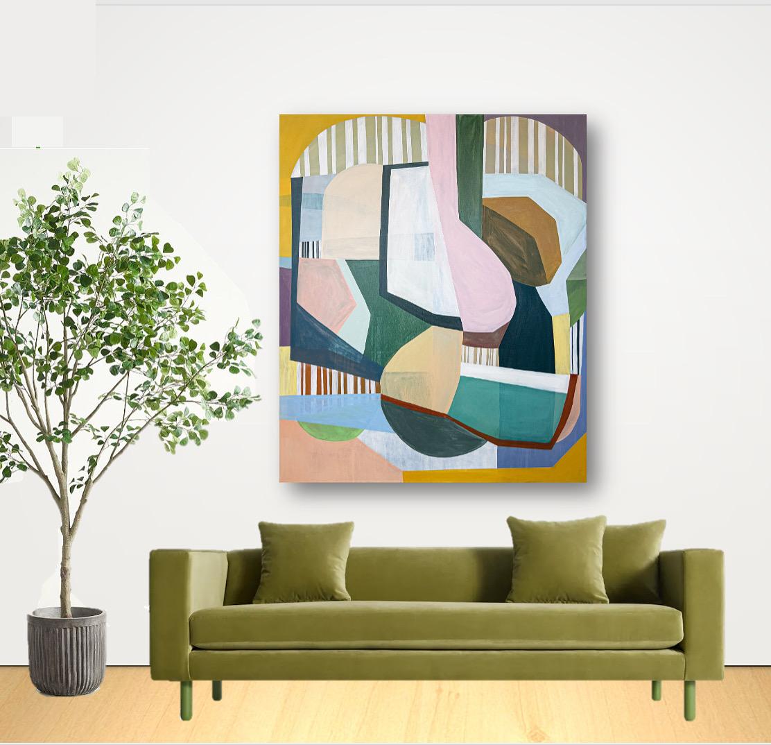 Forth One - Contemporary Pink Yellow Green Geometric Abstract Stripes, 2022 - Gray Abstract Painting by Rebekah Andrade