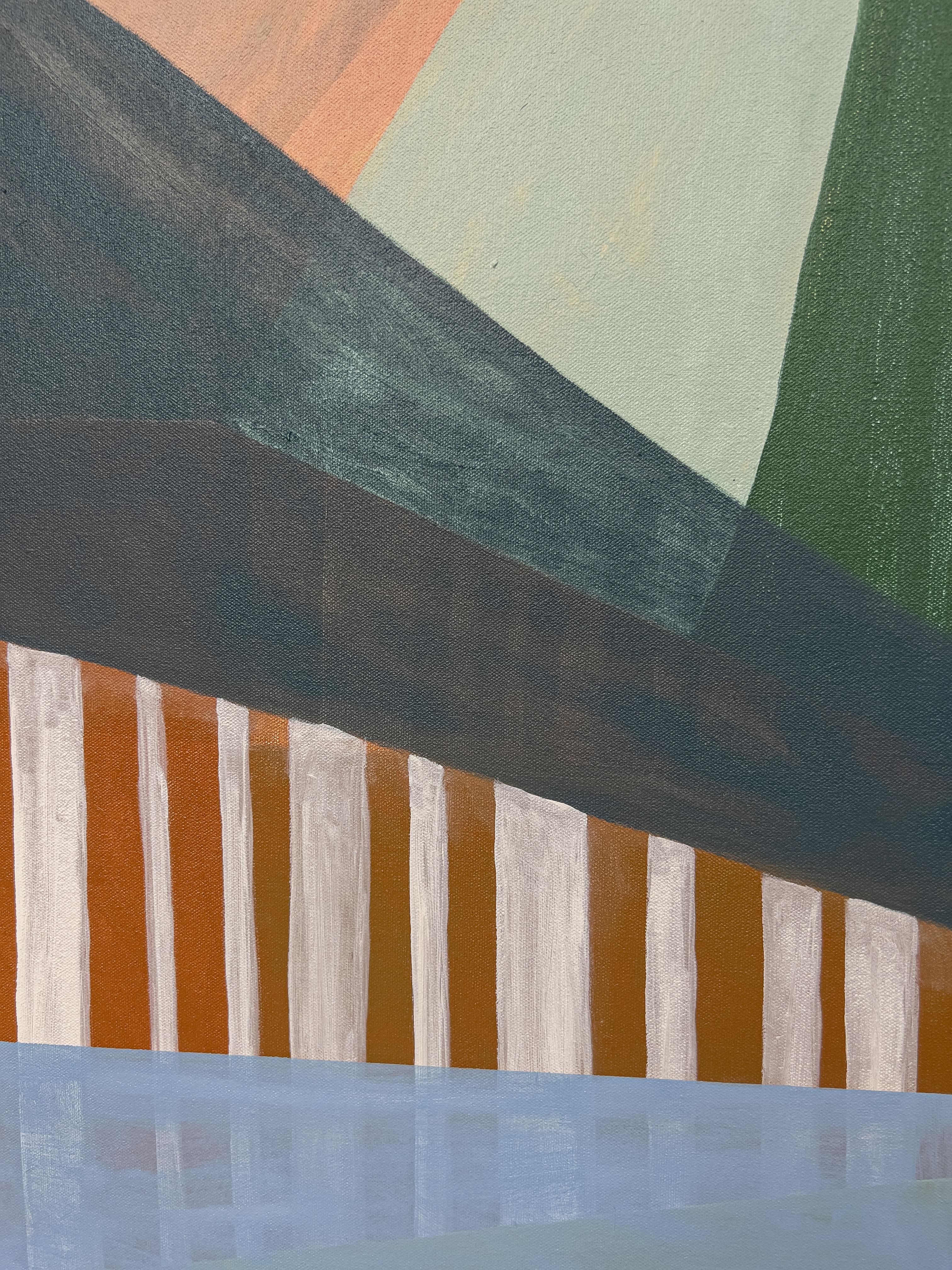 In this contemporary geometric abstract painting in oil on canvas, Rebekah Andrade’s practice explores the intricate language of abstract painting, navigating through the diverse realms of expressionism, geometric abstraction, hard-edge techniques,