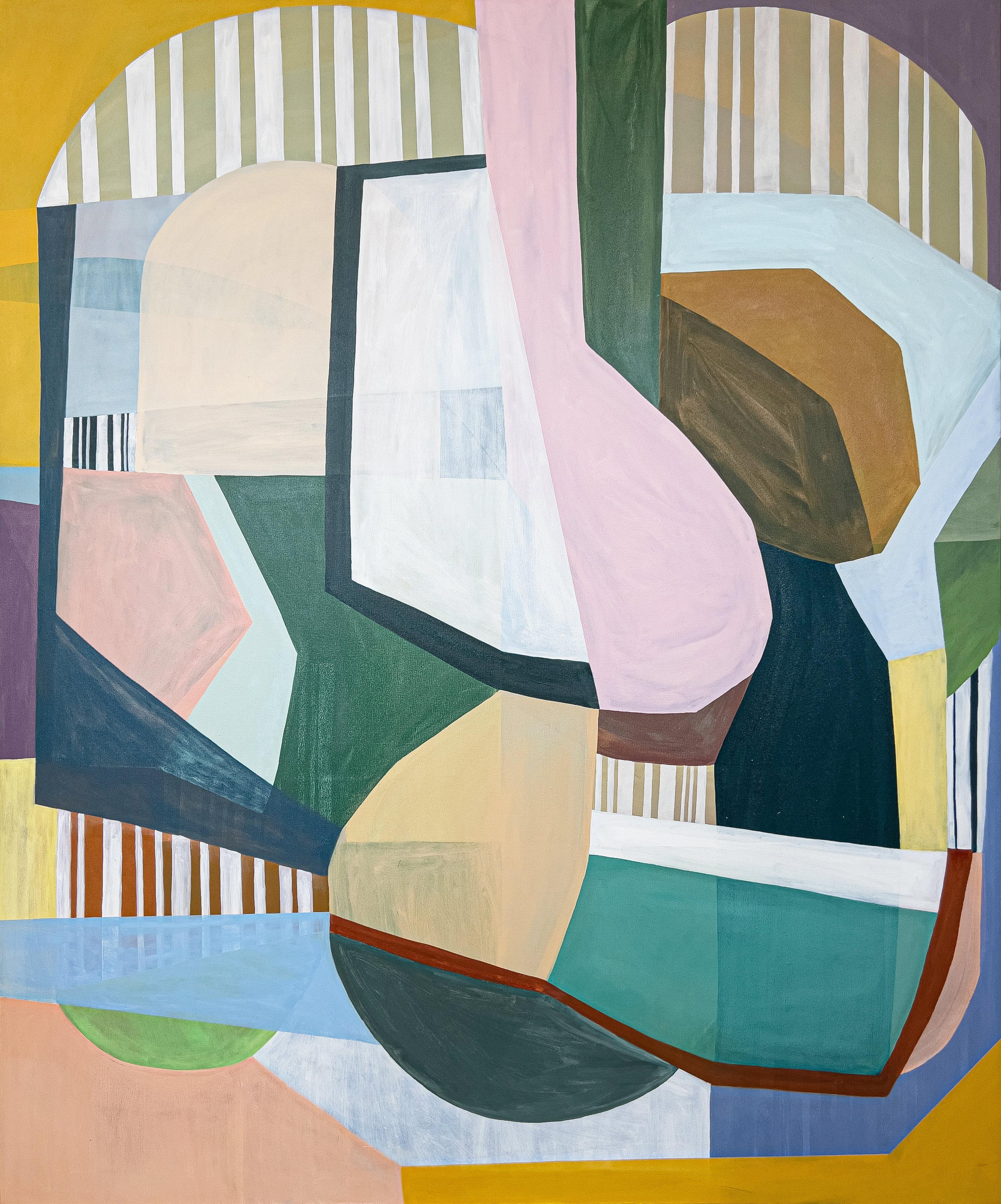 Rebekah Andrade Abstract Painting - Forth One - Contemporary Pink Yellow Green Geometric Abstract Stripes, 2022
