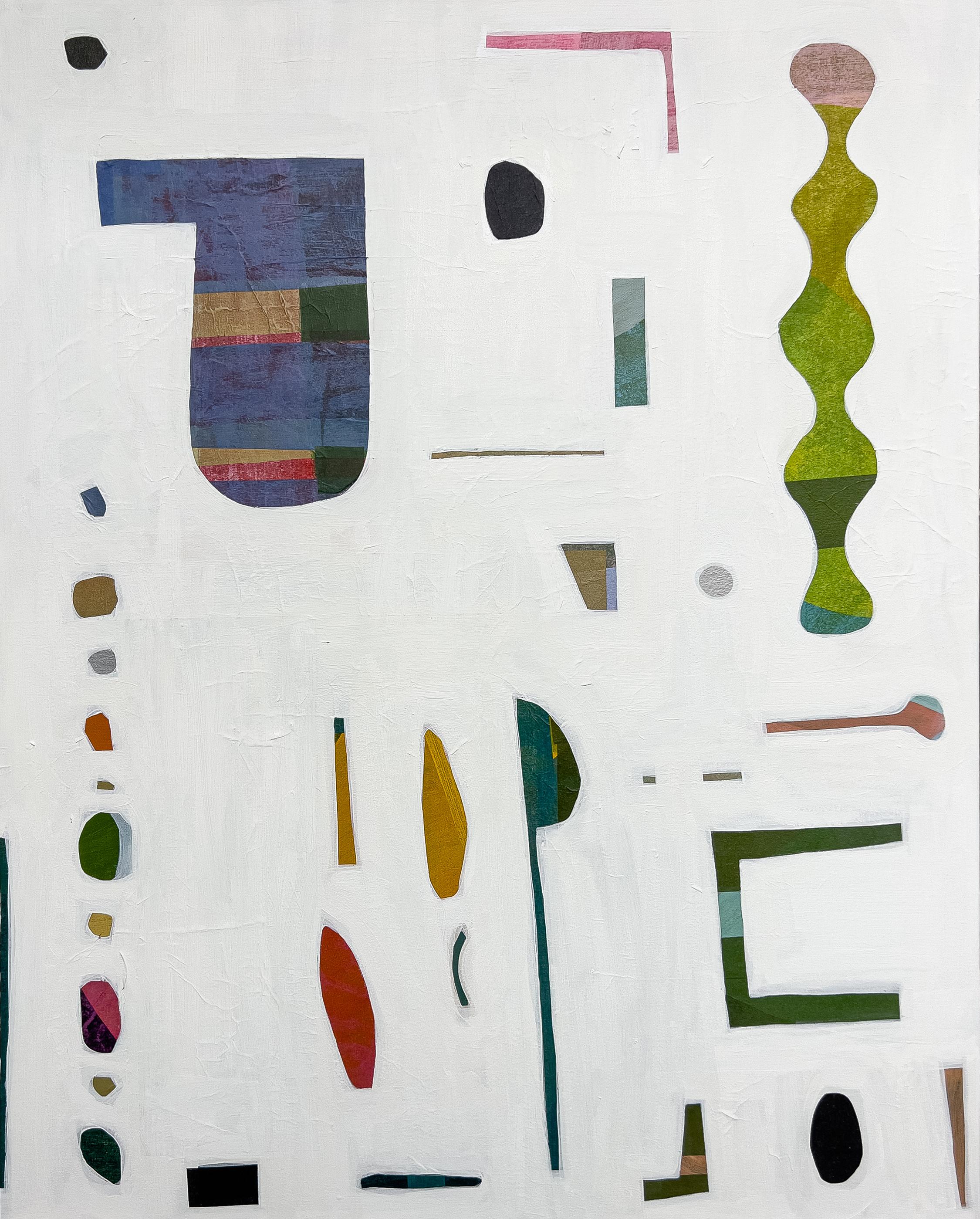 Abstract Painting Rebekah Andrade - Carte de l'esprit One, bleu violet, vert olive, ocre rose et formes géométriques sur blanc