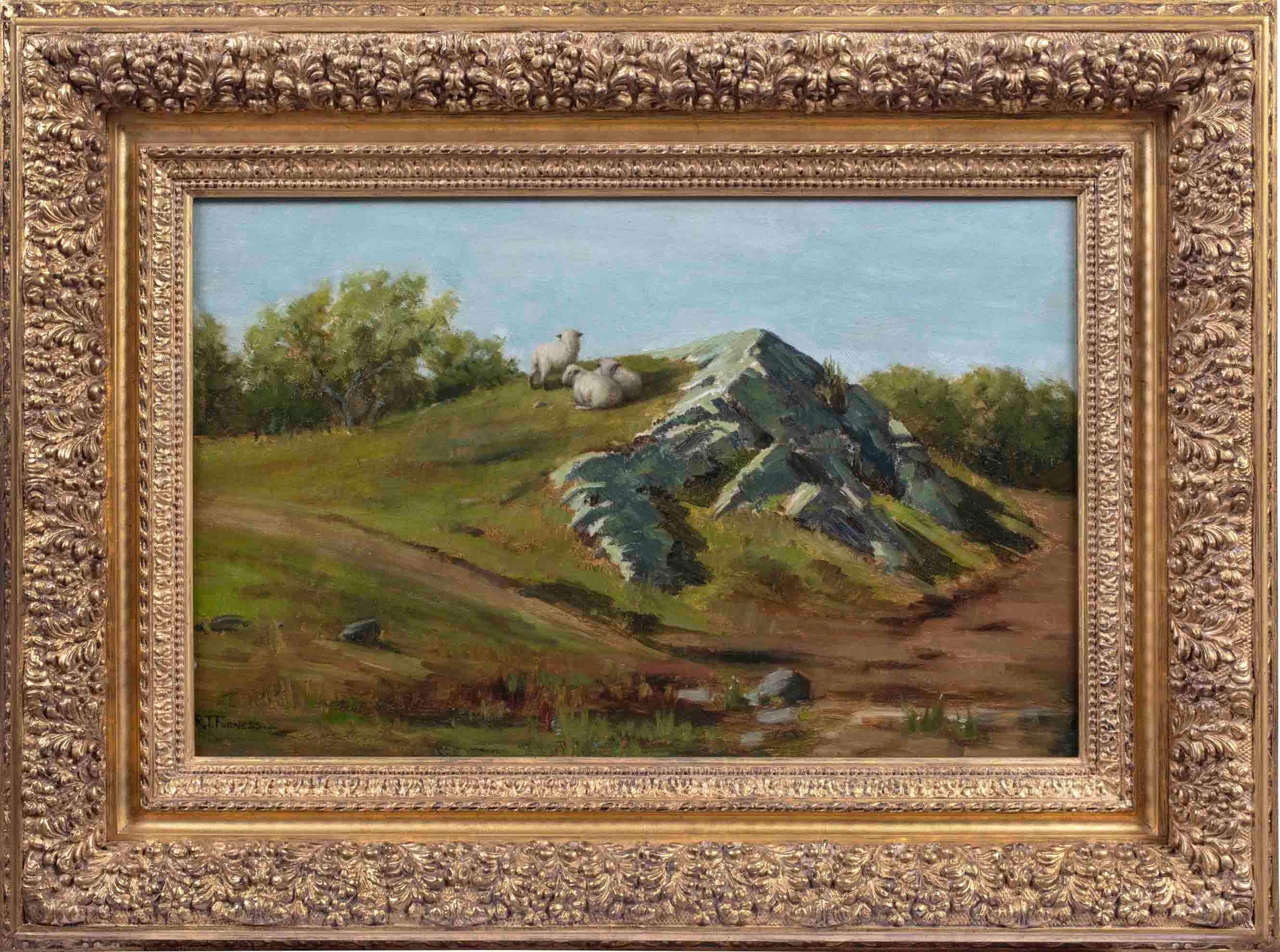 "At Pasture," by historic woman artist Rebekah T. Furness (1854-1937)  is oil on canvas. The charming scene captures sheep grazing on a green hillside beside a rocky outcropping. The work measures 15 x 25 inches and is signed by the artist at the