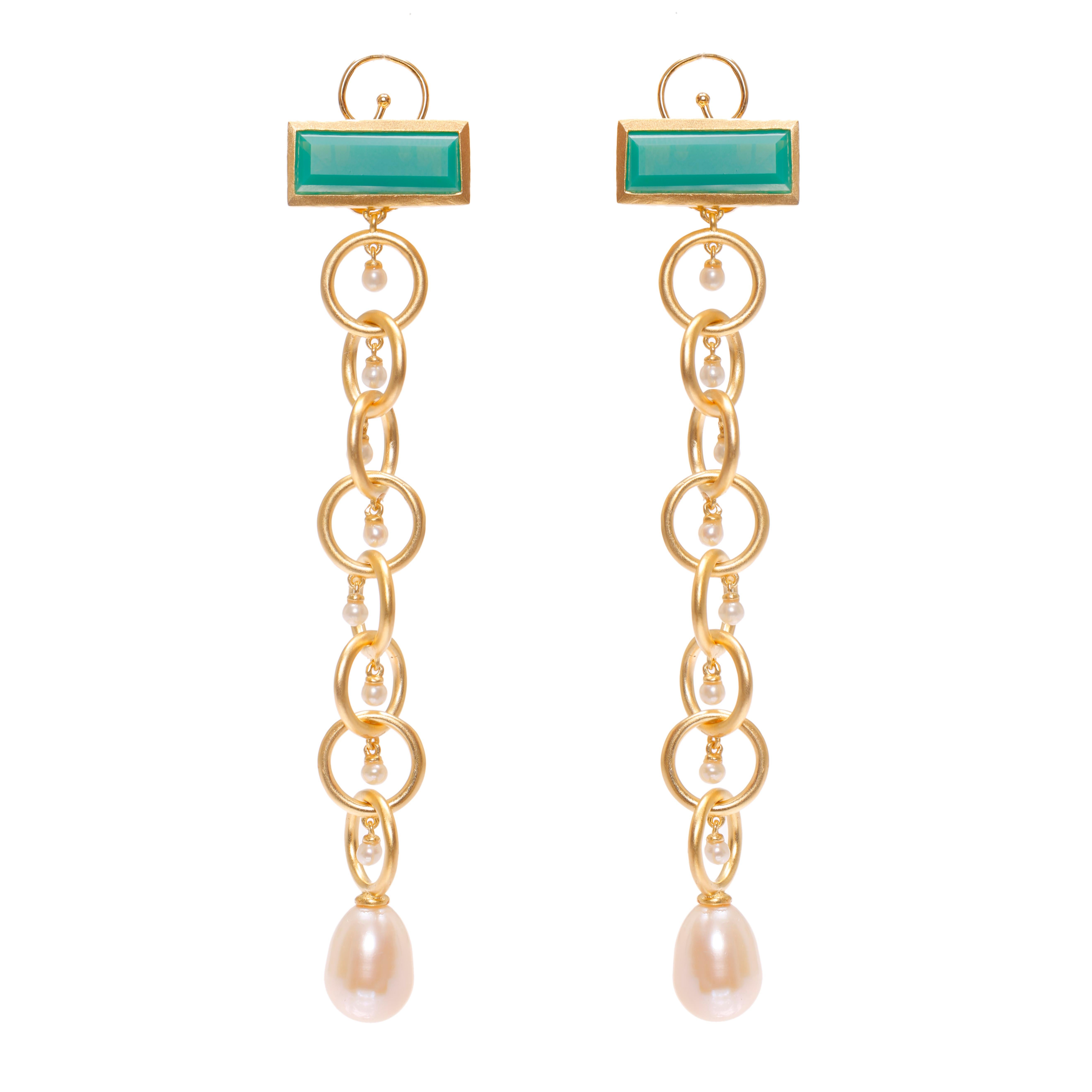 Ammanii Drop Earrings Vermeil Gold with Pearls and Green Chrysoprase