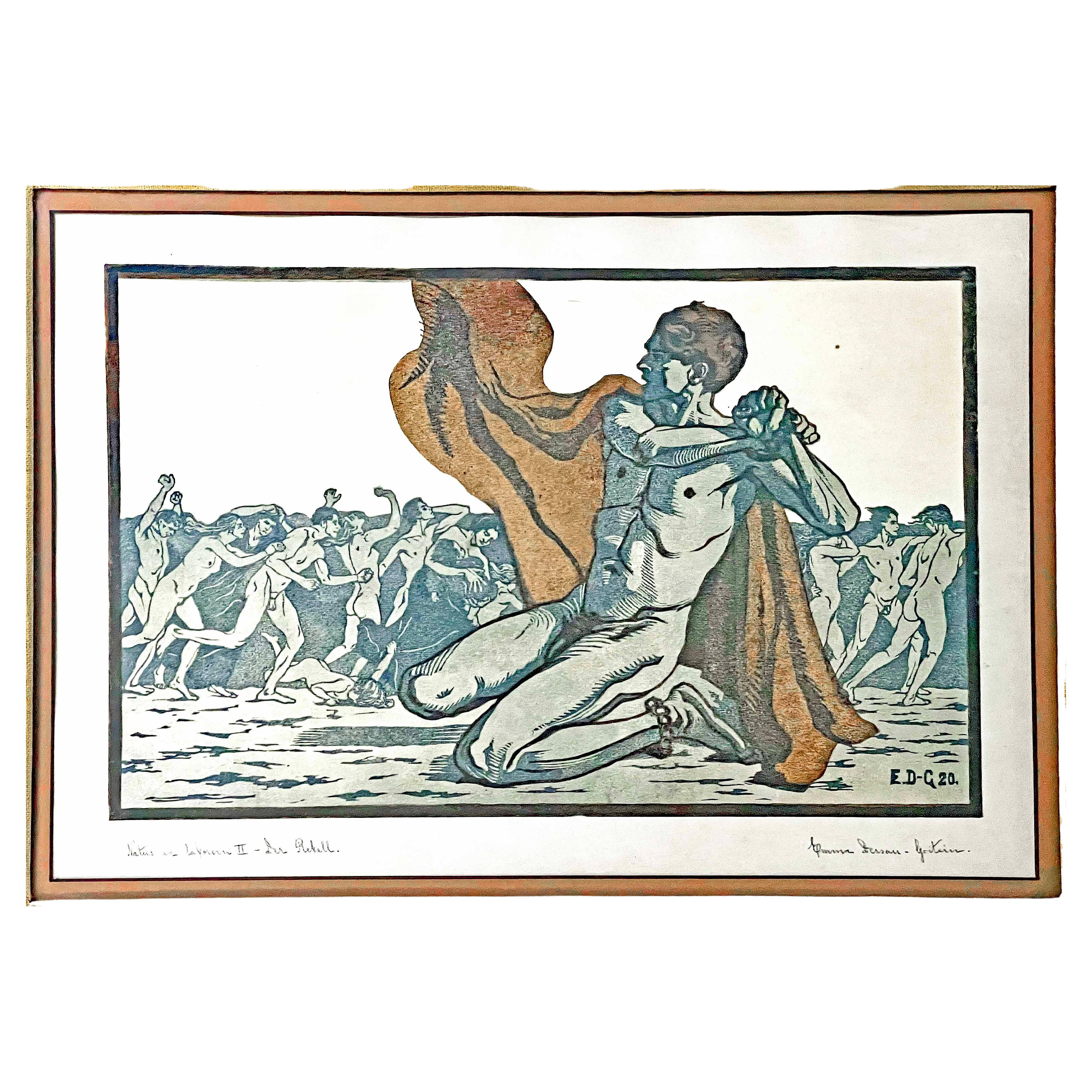 "Rebelde",  Raro grabado modernista/simbolista con desnudo masculino de Emma Goitein Dessau en venta