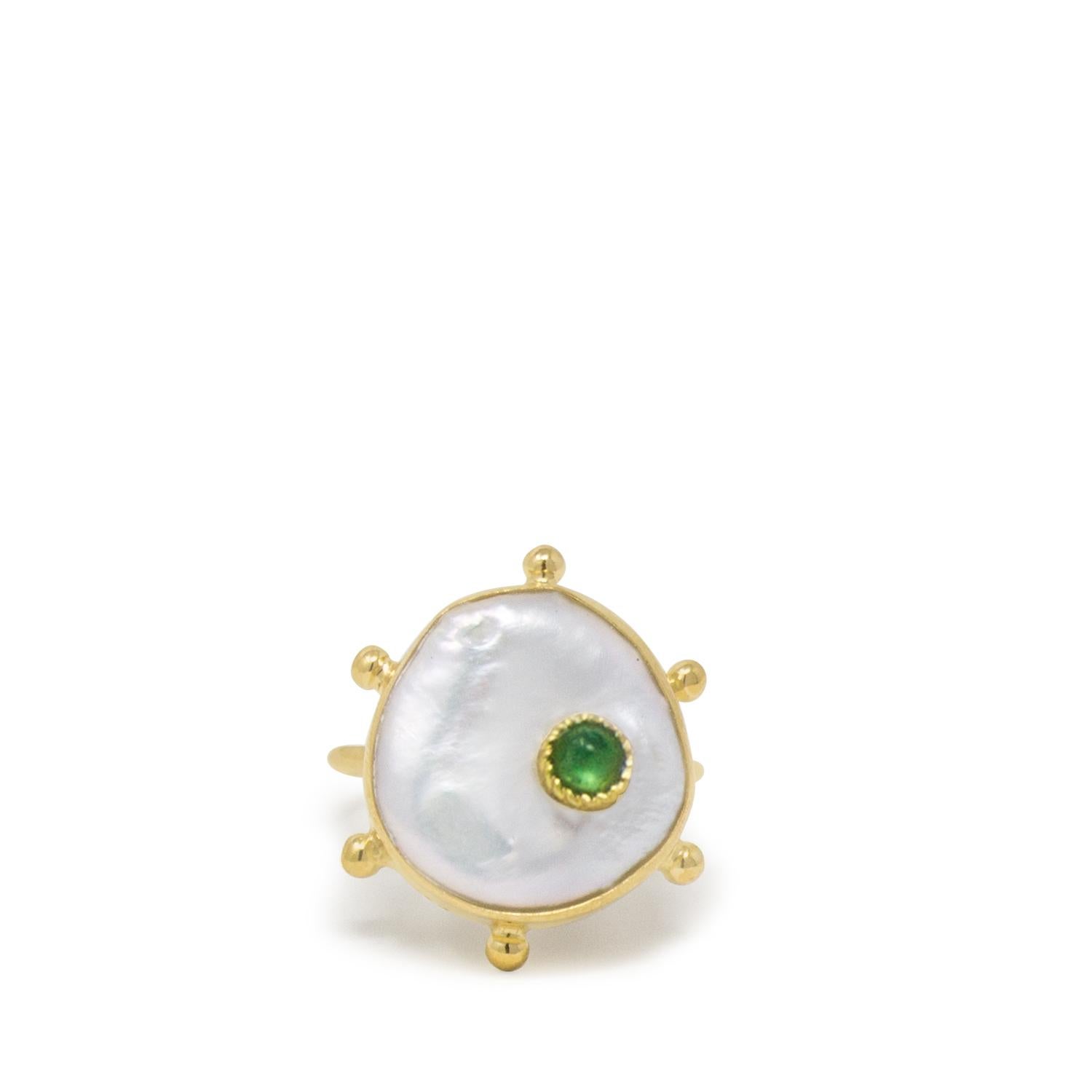 Modern Rebel Rebel Green Emerald & Pearl Stacking Ring For Sale
