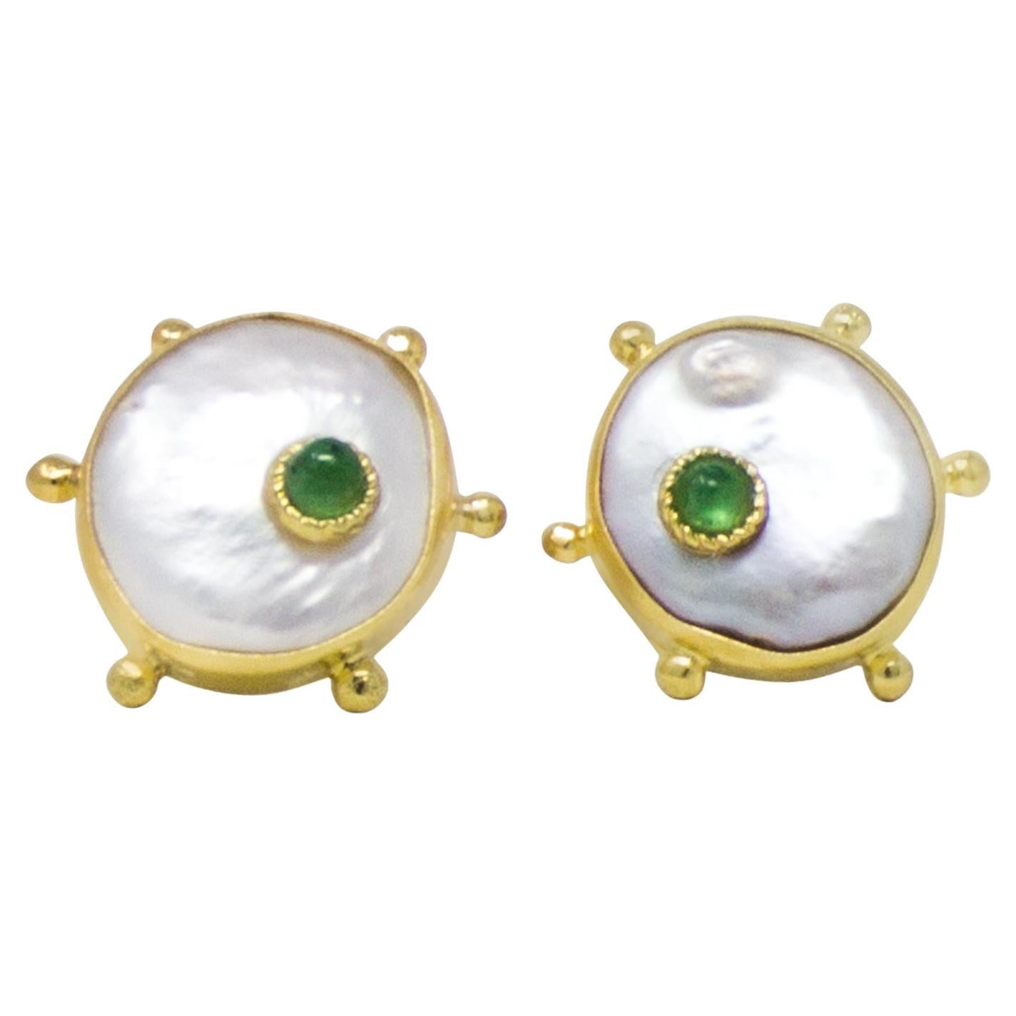 Rebel Rebel Pearl & Green Emerald Stud Earrings For Sale