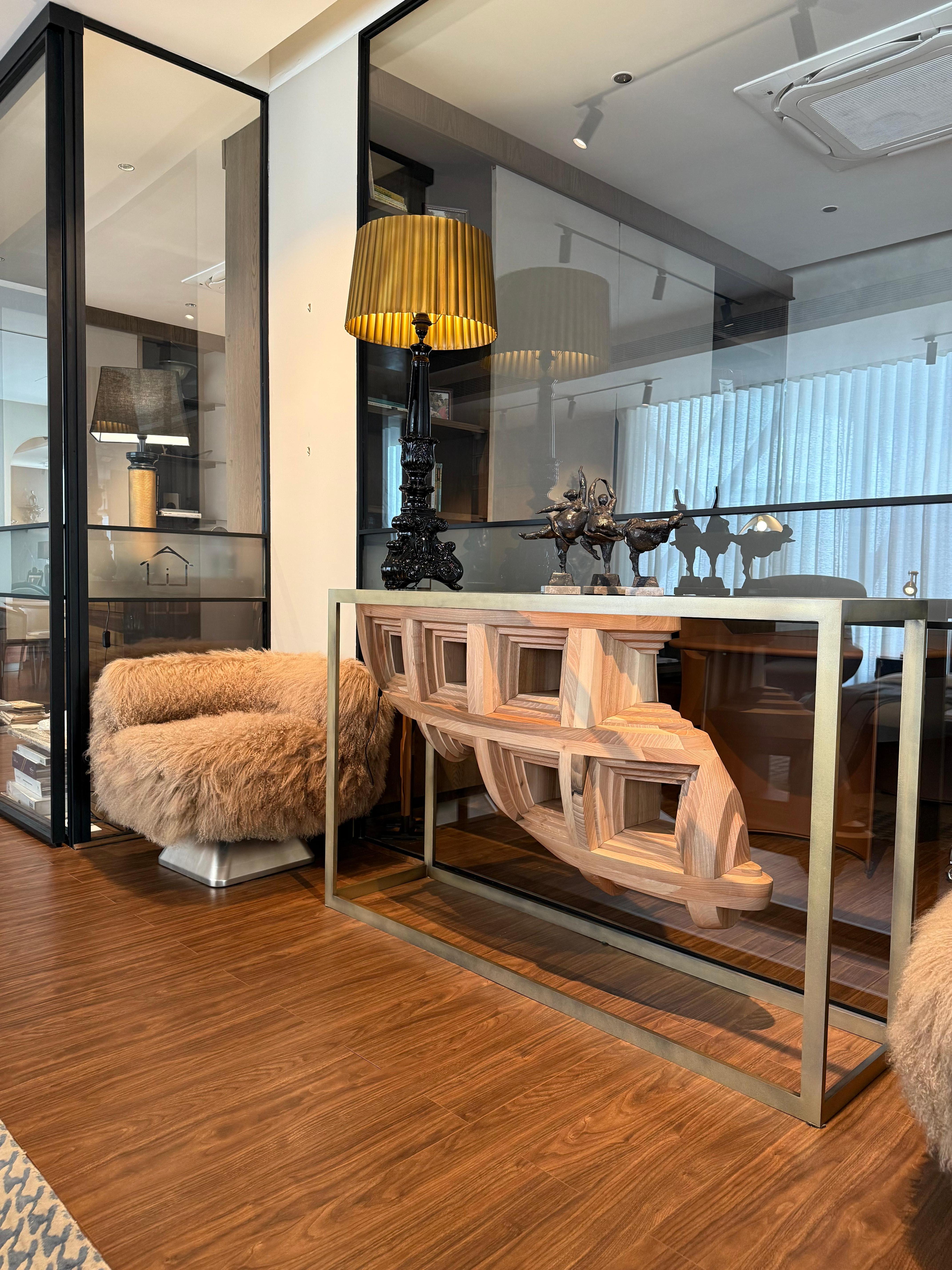Contemporary Rebus Brown Console Table in Solid Wood with Bronzed Metal Structure For Sale