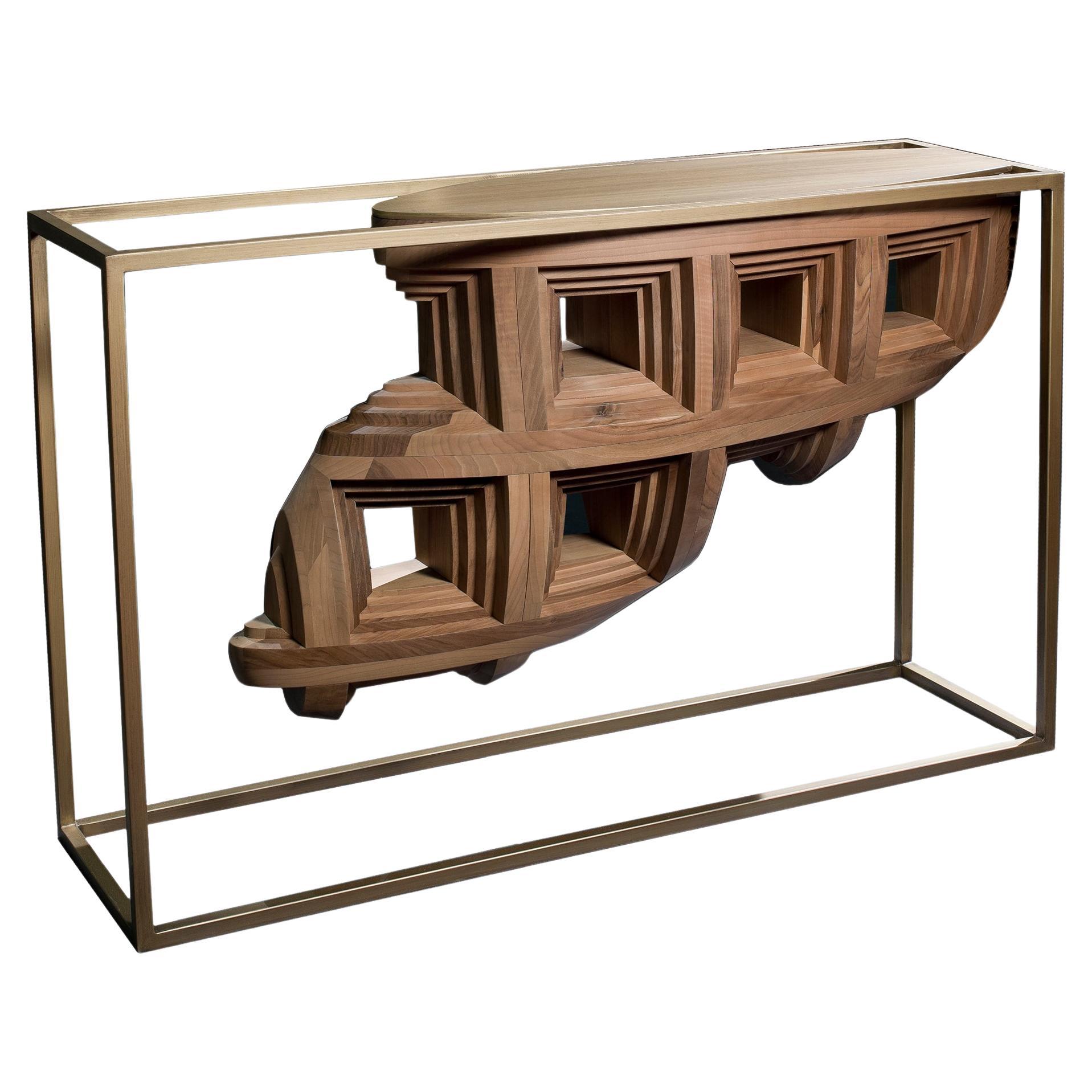 Rebus Brown Console Table in Solid Wood with Bronzed Metal Structure