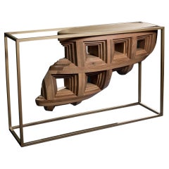 Rebus Brown Console Table in Solid Wood with Bronzed Metal Structure