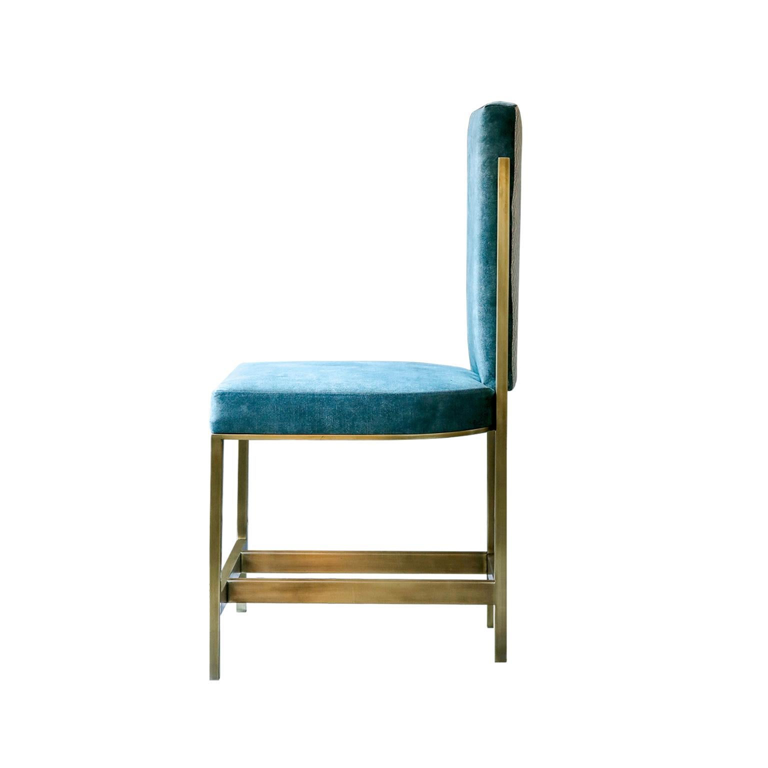 Turkish Recalled Brass Blue Velvet Chair For Sale