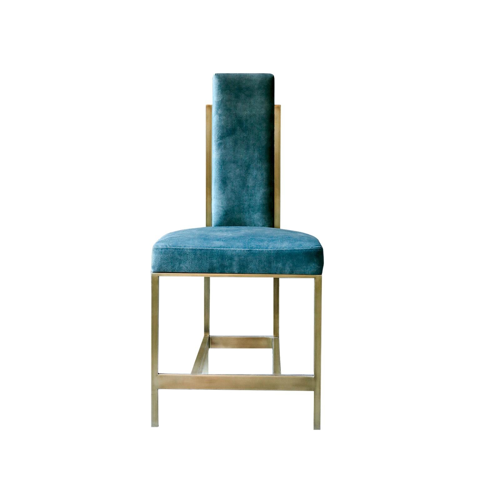 Modern Recalled Brass Blue Velvet Chair 'Set of 8' For Sale