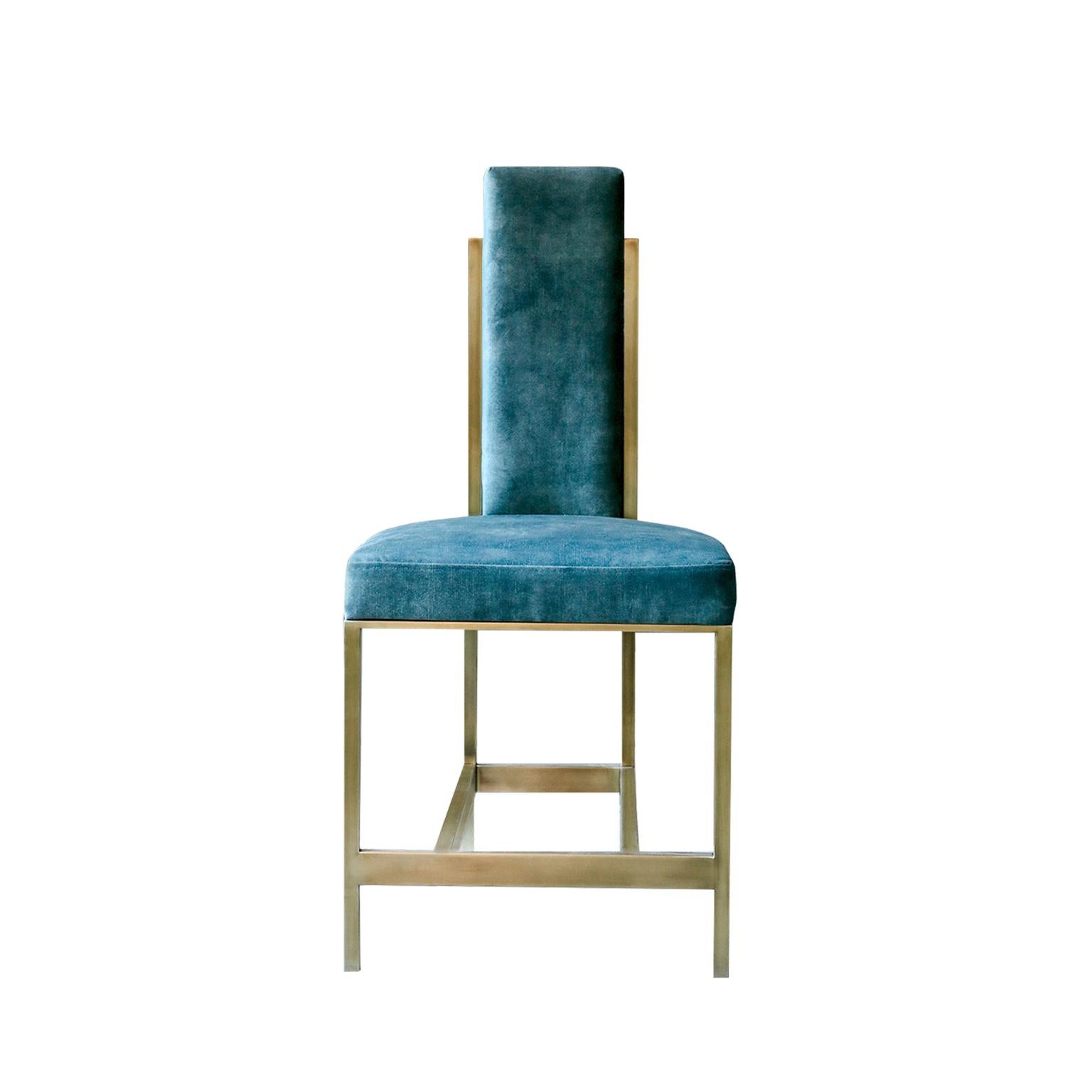 Modern Recalled Brass Blue Velvet Chair 'Set of 8' **LEAD TIME 5 WEEKS** For Sale