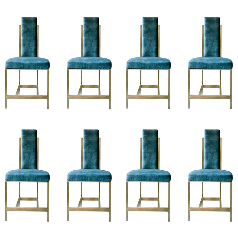 Recalled Brass Blue Velvet Chair 'Set of 8' **LEAD TIME 5 WEEKS** For Sale