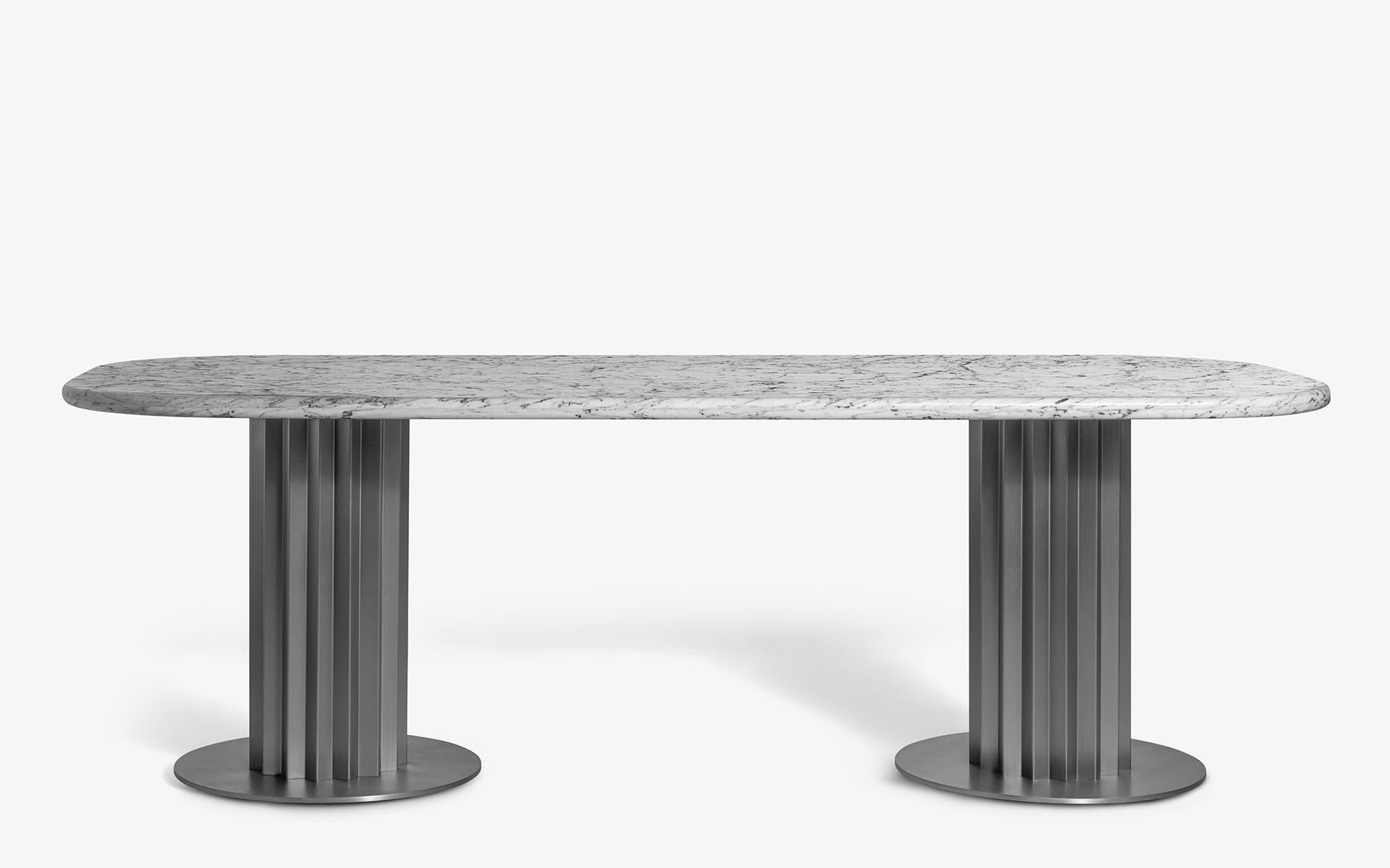 Modern Recalled Dining Table in Matt Chrome Metal Leg and Marble Top For Sale