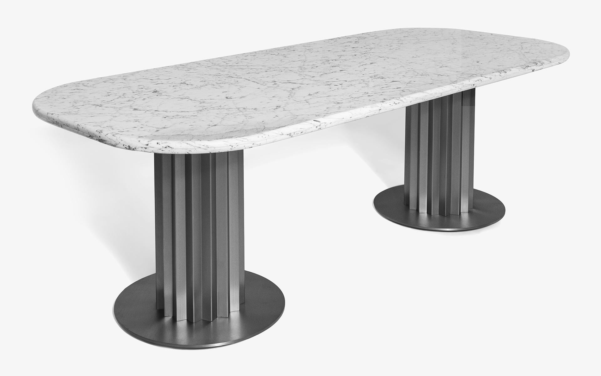 Contemporary Recalled Dining Table in Matt Chrome Metal Leg and Marble Top For Sale