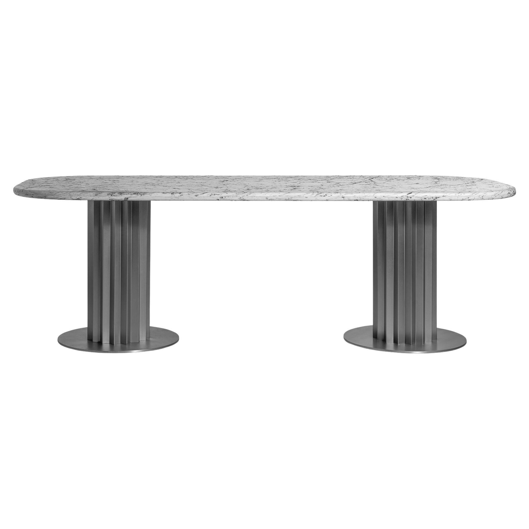 Recalled Dining Table in Matt Chrome Metal Leg and Marble Top For Sale