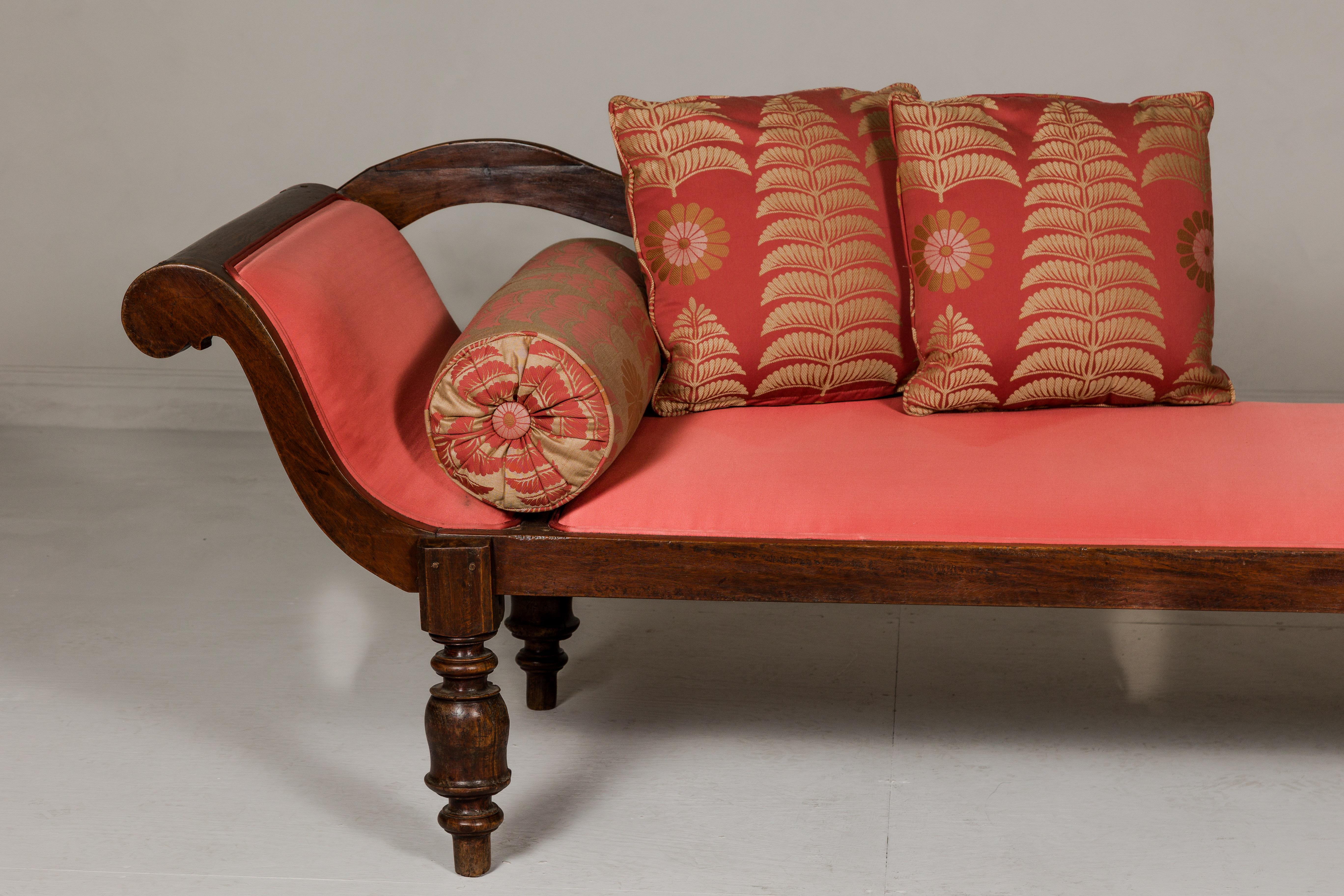 Sri Lankan Récamier Style Daybed with Silk Cushion, Out-Scrolling Back and Turned Legs For Sale