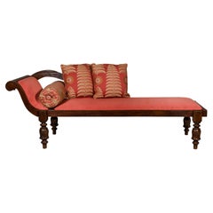 Vintage Récamier Style Daybed with Silk Cushion, Out-Scrolling Back and Turned Legs