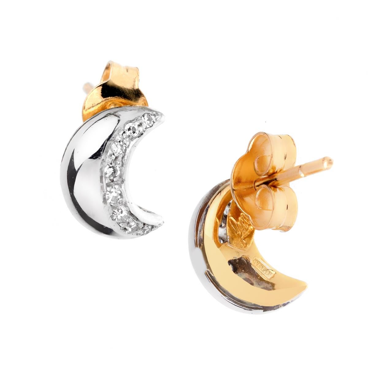A chic set of Recarlo diamond earrings featuring a moon motif set with round brilliant cut diamonds in 18k white and yellow gold. 